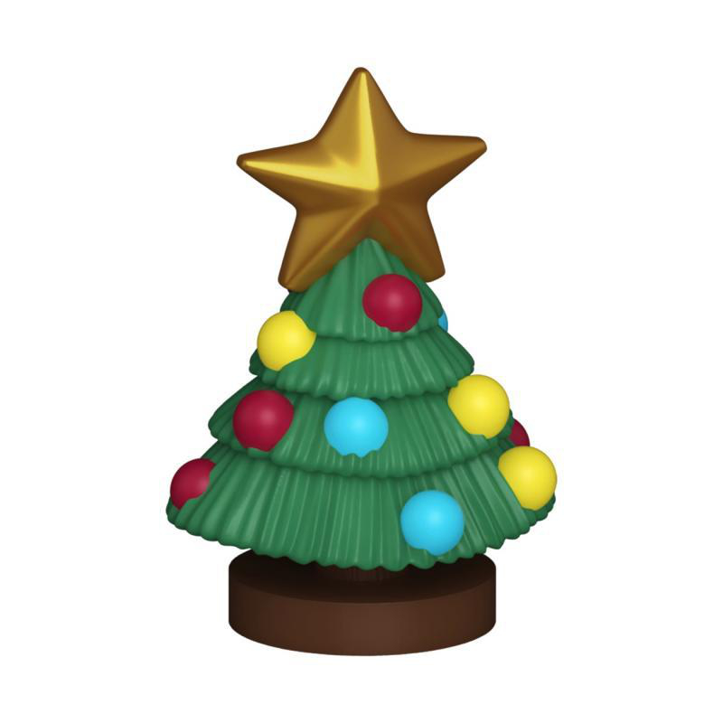 Grüner Weihnachtsbaum mit goldenem Stern und bunten Kugeln auf braunem Sockel.
