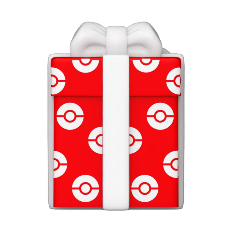 Ein rotes Geschenkpaket mit weißen Pokébällen und einer weißen Schleife.
