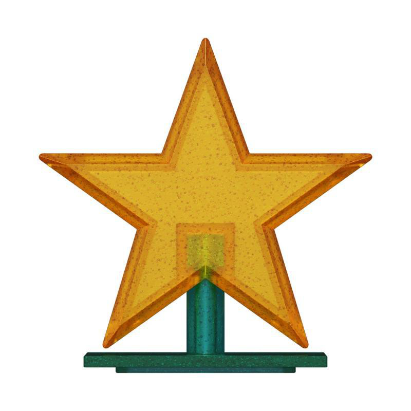 Ein gelber Stern-Trophäenaufsatz mit einem grünen Sockel auf weißem Hintergrund.