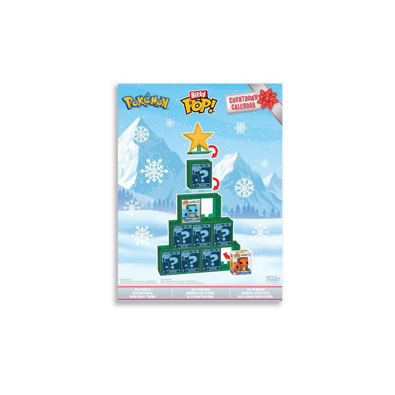 Ein Pokémon Bitty Pop! Adventskalender in Form eines Weihnachtsbaums mit Schneemotiv.
