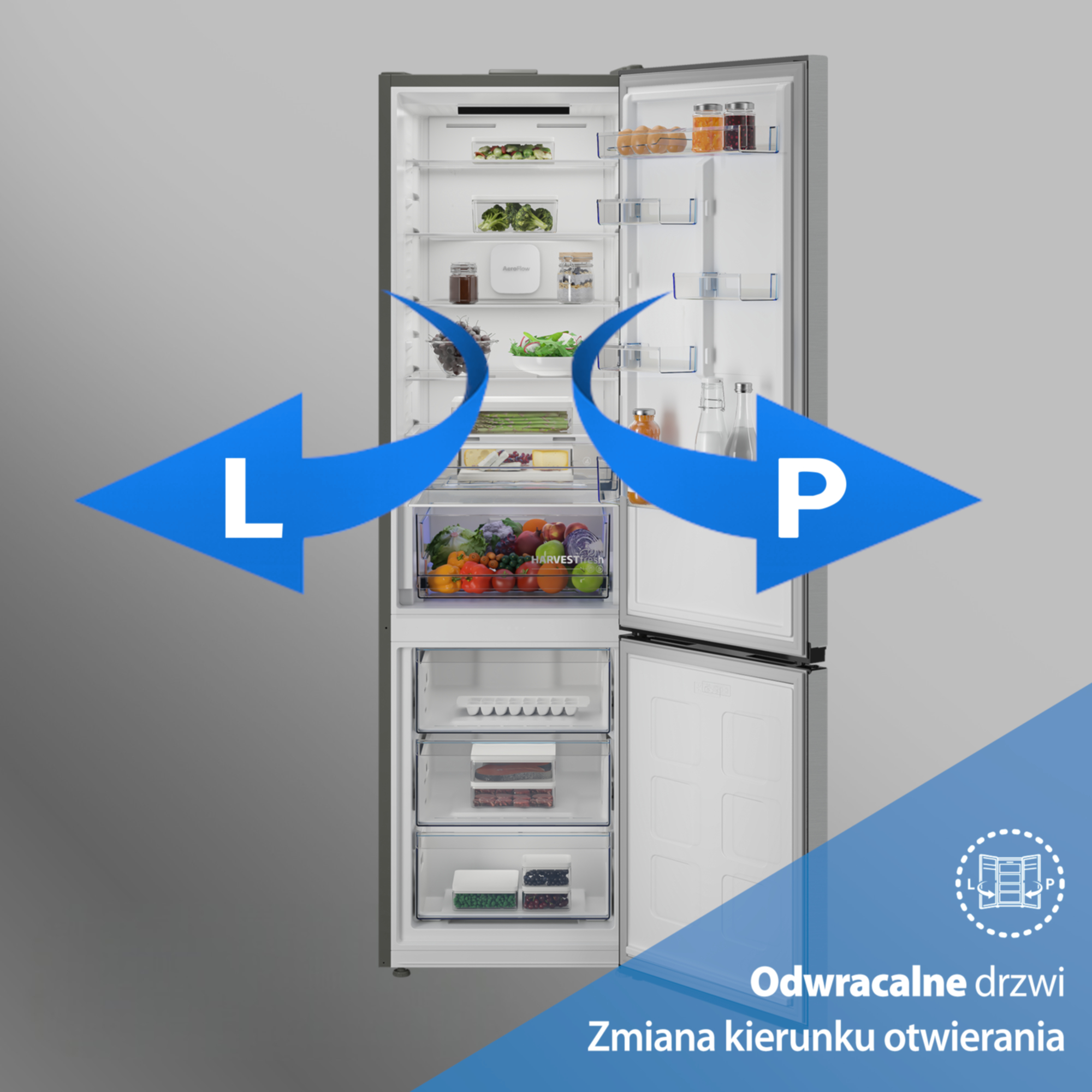 Otwarta lodówka z owocami i warzywami w szufladzie i jajkami na półce.