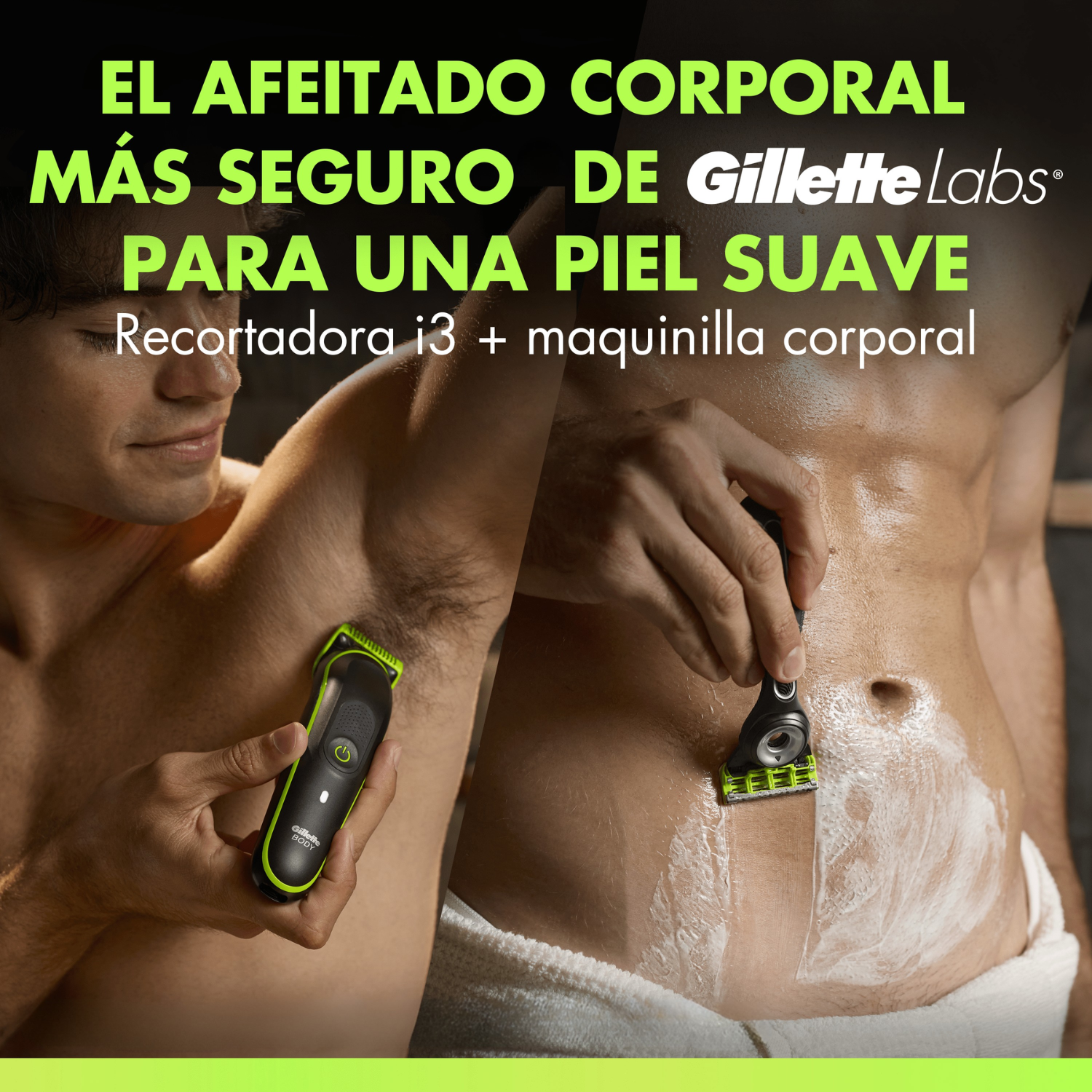 El afeitado corporal más seguro de Gillette Labs para una piel suave. Recortadora i3 + maquinilla corporal. 