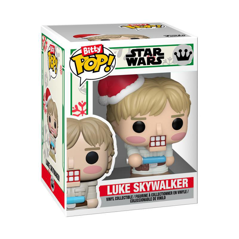 Funko Pop-Figur von Luke Skywalker mit Weihnachtsmütze im Karton.