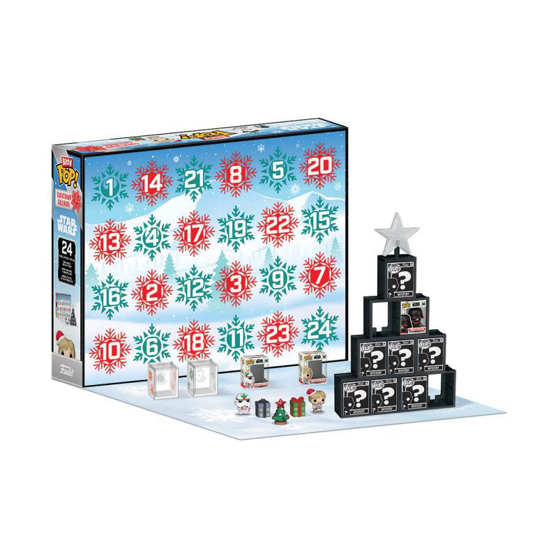 Ein Star Wars Adventskalender mit Funko Pop! Figuren und einem Weihnachtsbaum-Display.