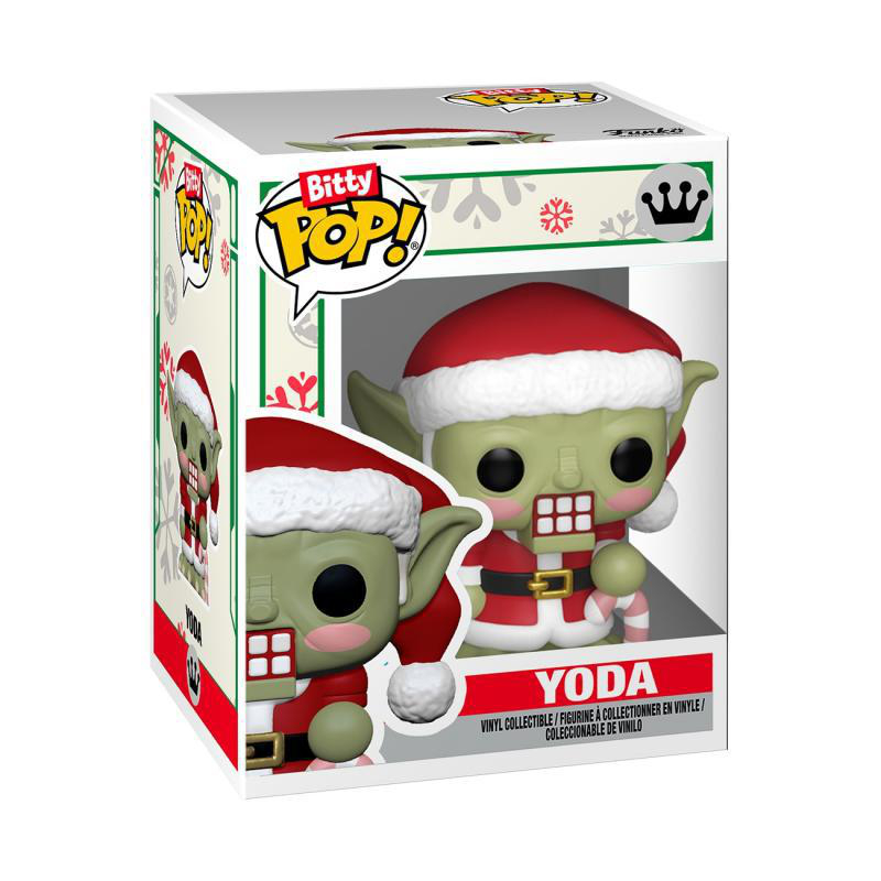 Ein Funko Pop! Vinyl-Sammlerstück von Yoda mit Weihnachtsmannmütze und Weihnachtspullover.