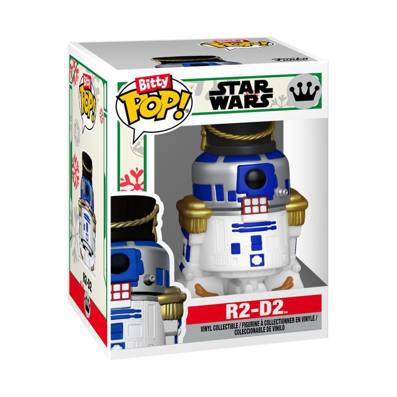Ein Funko Pop!-Sammlerstück von R2-D2 in einem Weihnachtsmann-Outfit in der Verpackung.