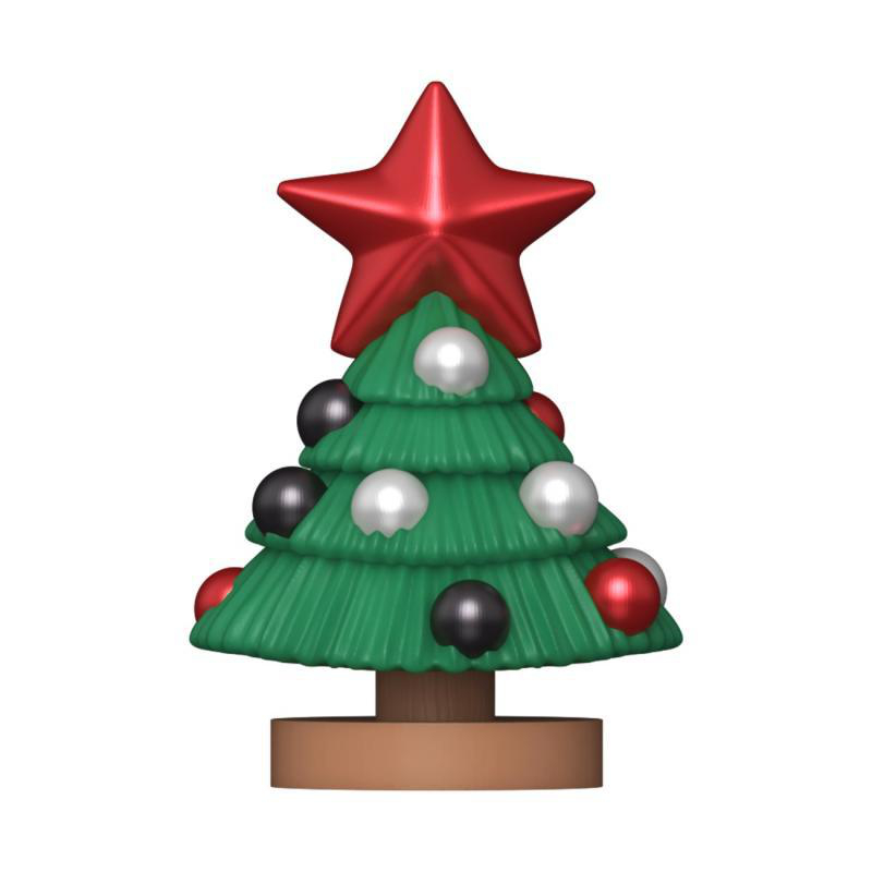 Ein grüner Weihnachtsbaum mit rotem Stern, schwarz-weißen und roten Kugeln.