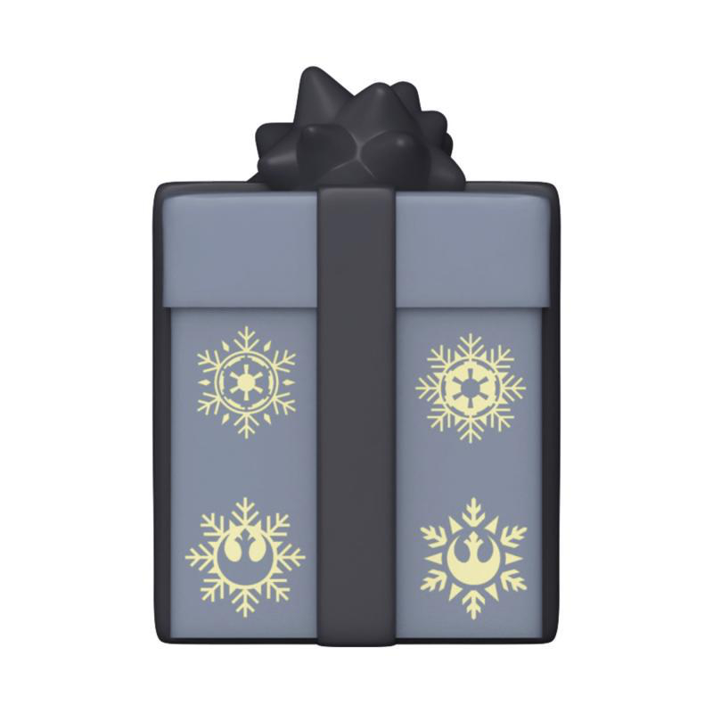 Eine hellblaue Geschenkbox mit gelben Schneeflockenmotiven, gebunden mit einem dunklen Band und Schleife.