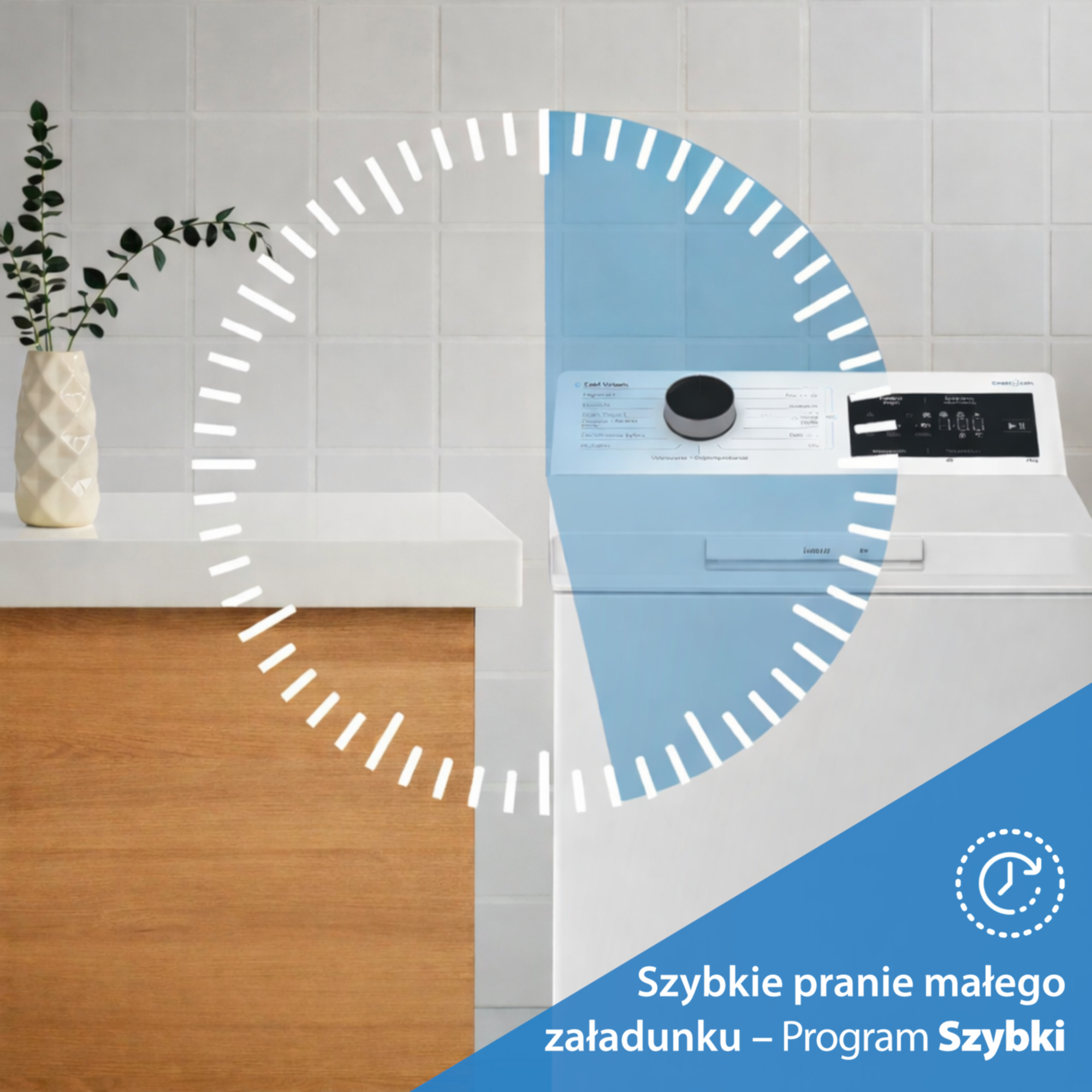 Pralka z niebieskim kołem czasu. Zielona gałązka w wazonie.