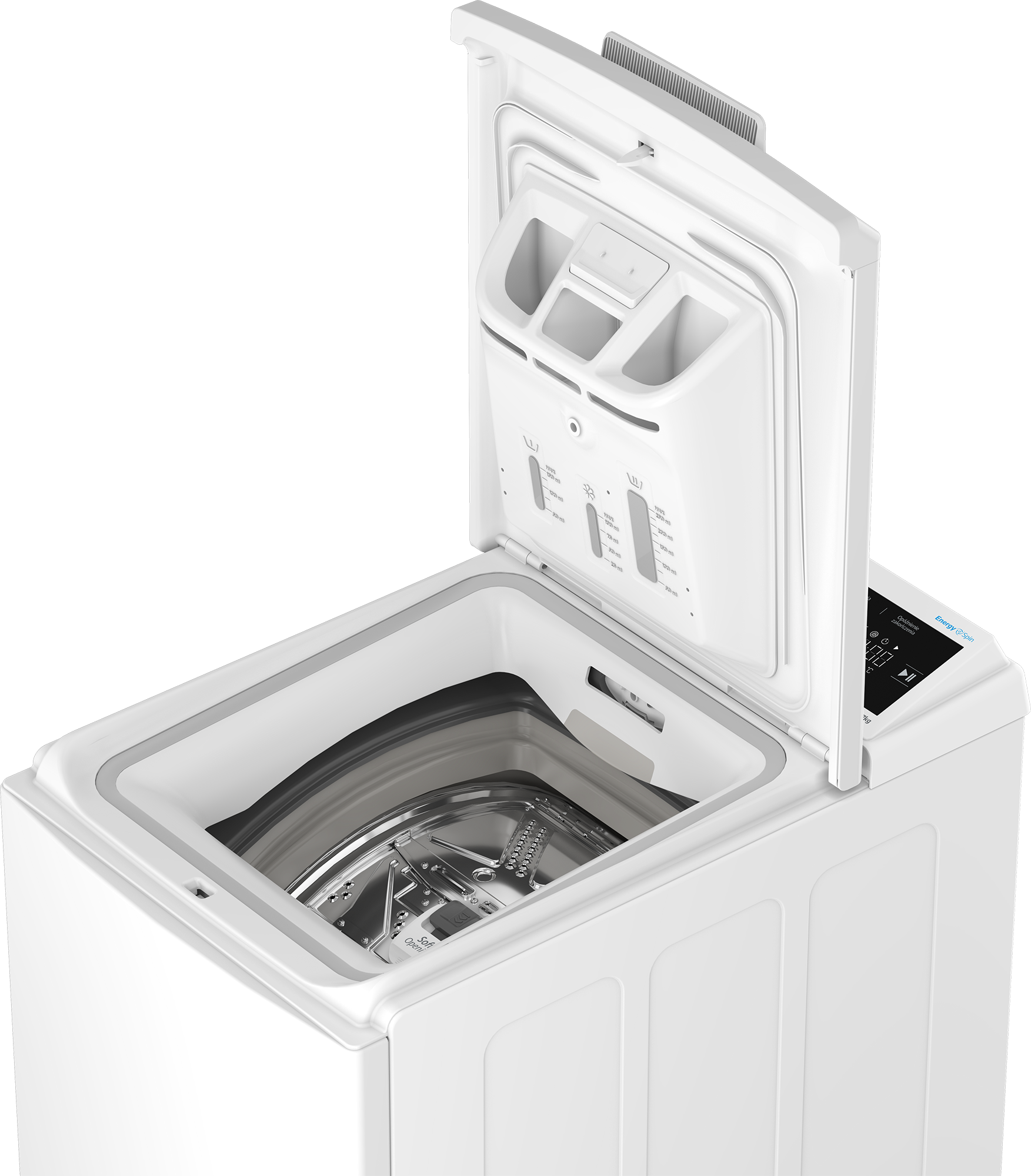 Otwarta biała pralka pokazująca szufladę na detergent i szczegóły bębna.