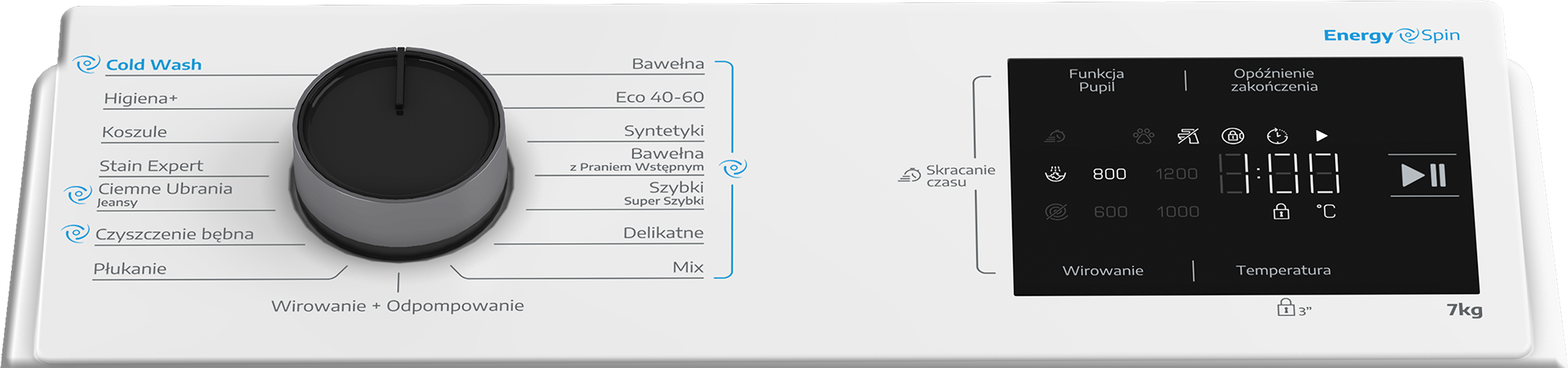 Panel sterowania pralki z wyborem programów i cyfrowym wyświetlaczem.