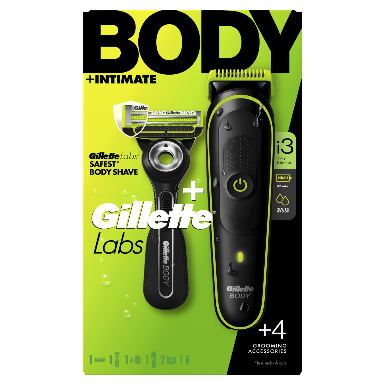 Set de afeitadora y recortadora Gillette BODY sobre fondo verde con texto.