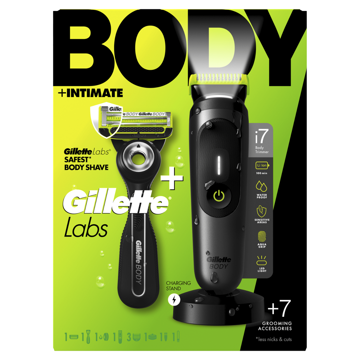 Recortadora y afeitadora corporal Gillette con accesorios sobre fondo verde.