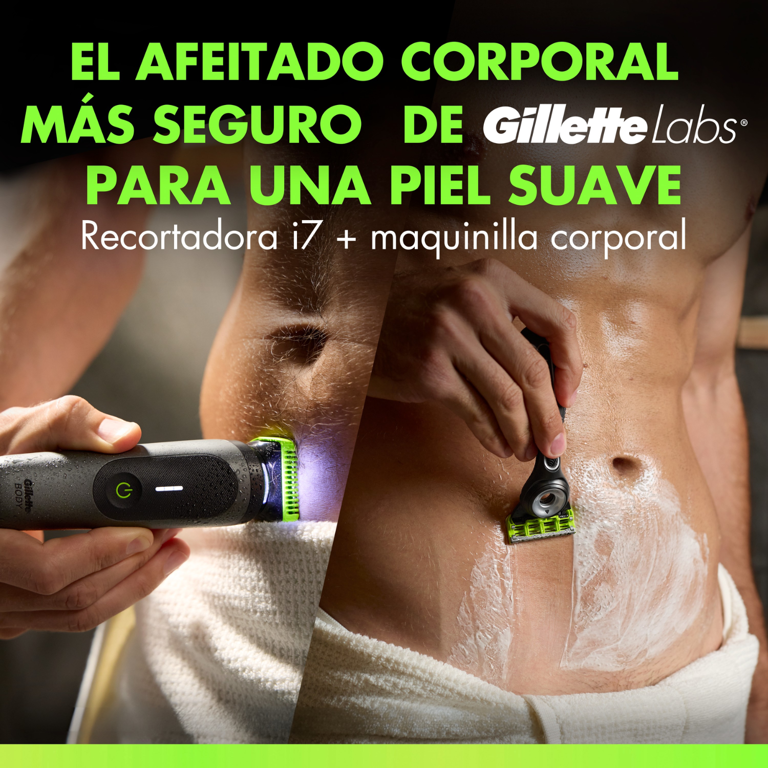 El afeitado corporal más seguro de Gillette Labs para una piel suave. Recortadora i7 + maquinilla corporal. 