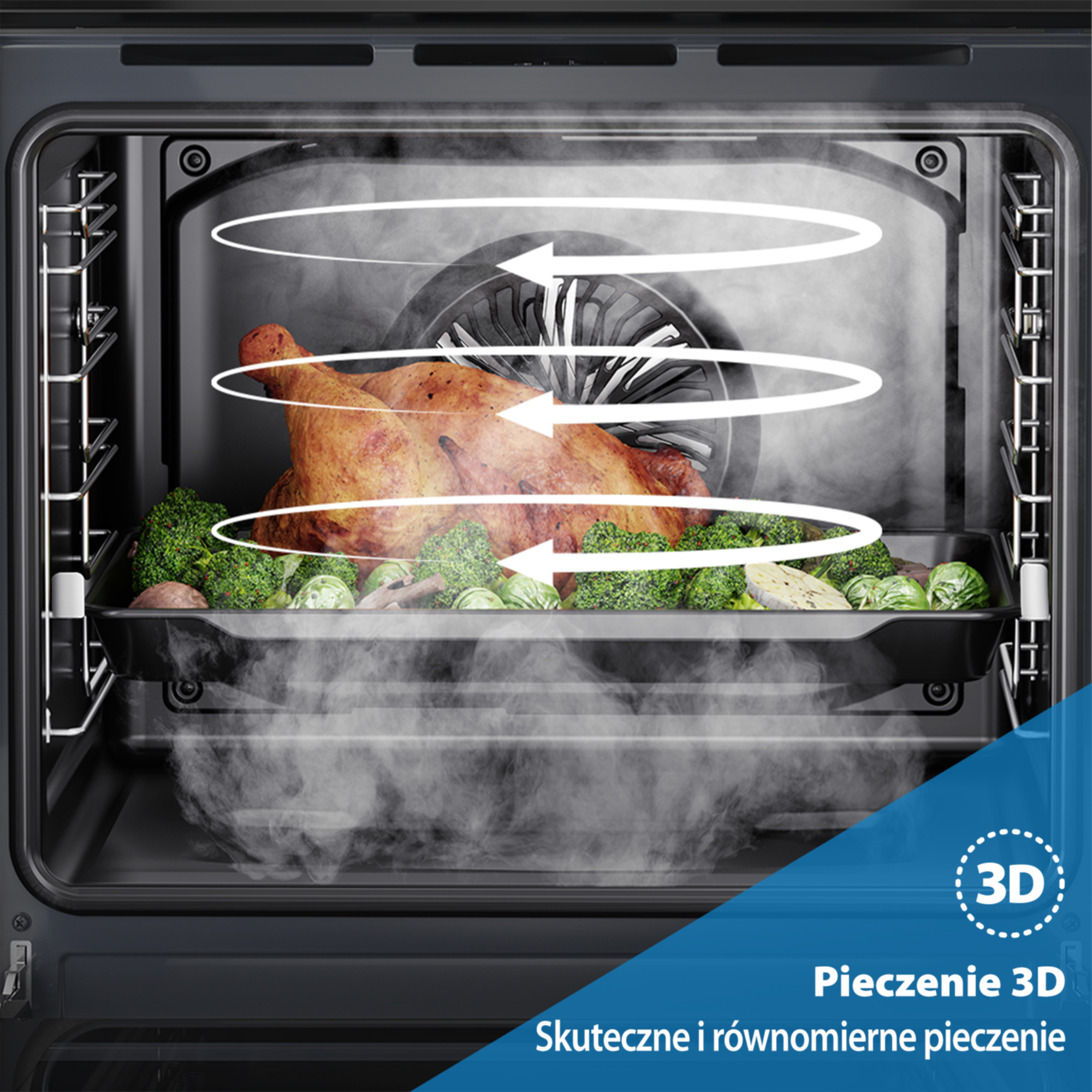 Pieczony kurczak z brokułami i brukselką w piekarniku z obiegiem powietrza 3D.