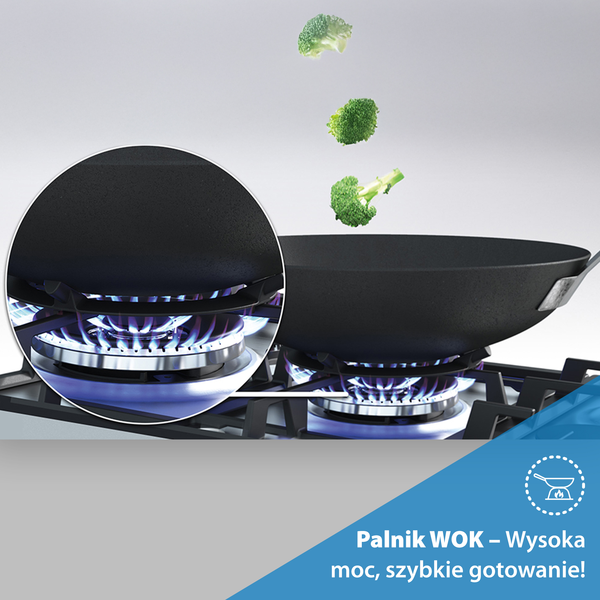 Różyczki brokuła wpadające do woka na kuchence gazowej z niebieskimi płomieniami.