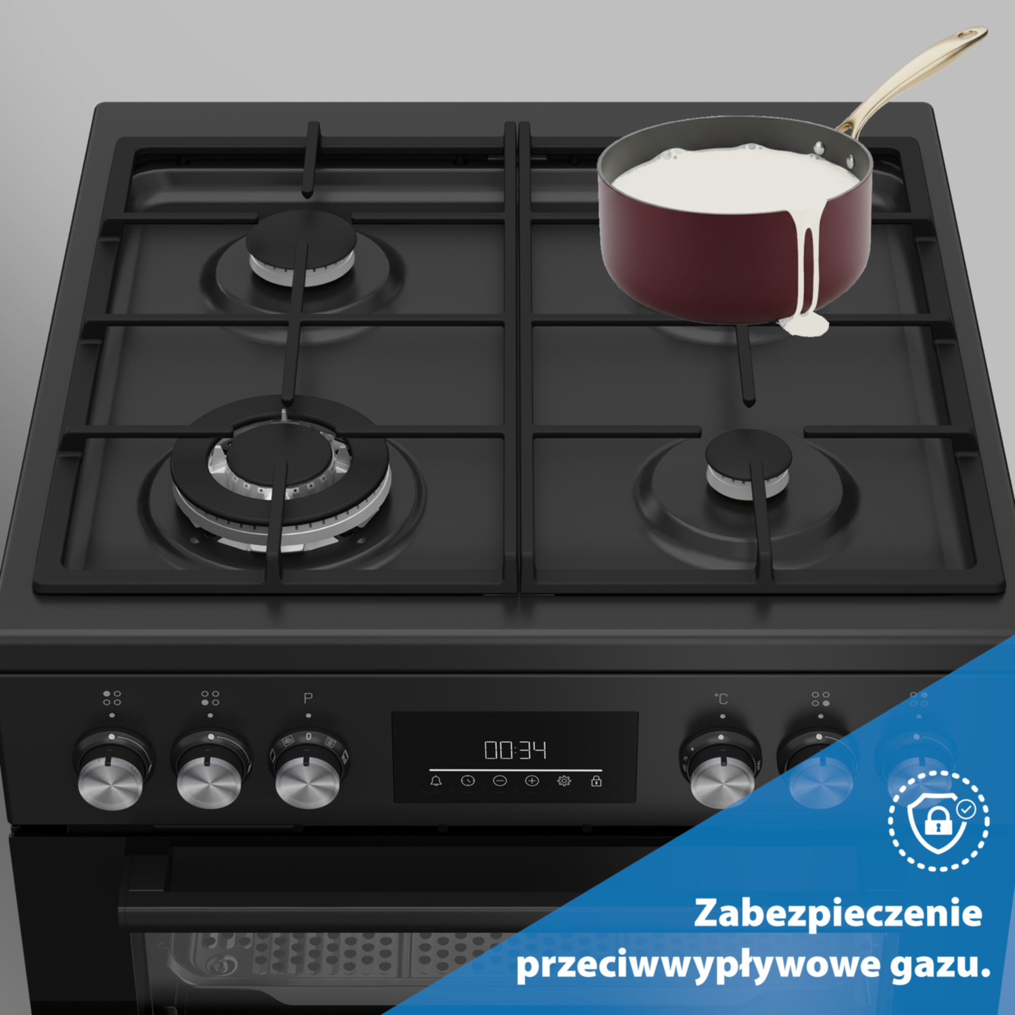 Czarny kuchenka gazowa z garnkiem wykipiałego mleka po prawej stronie.