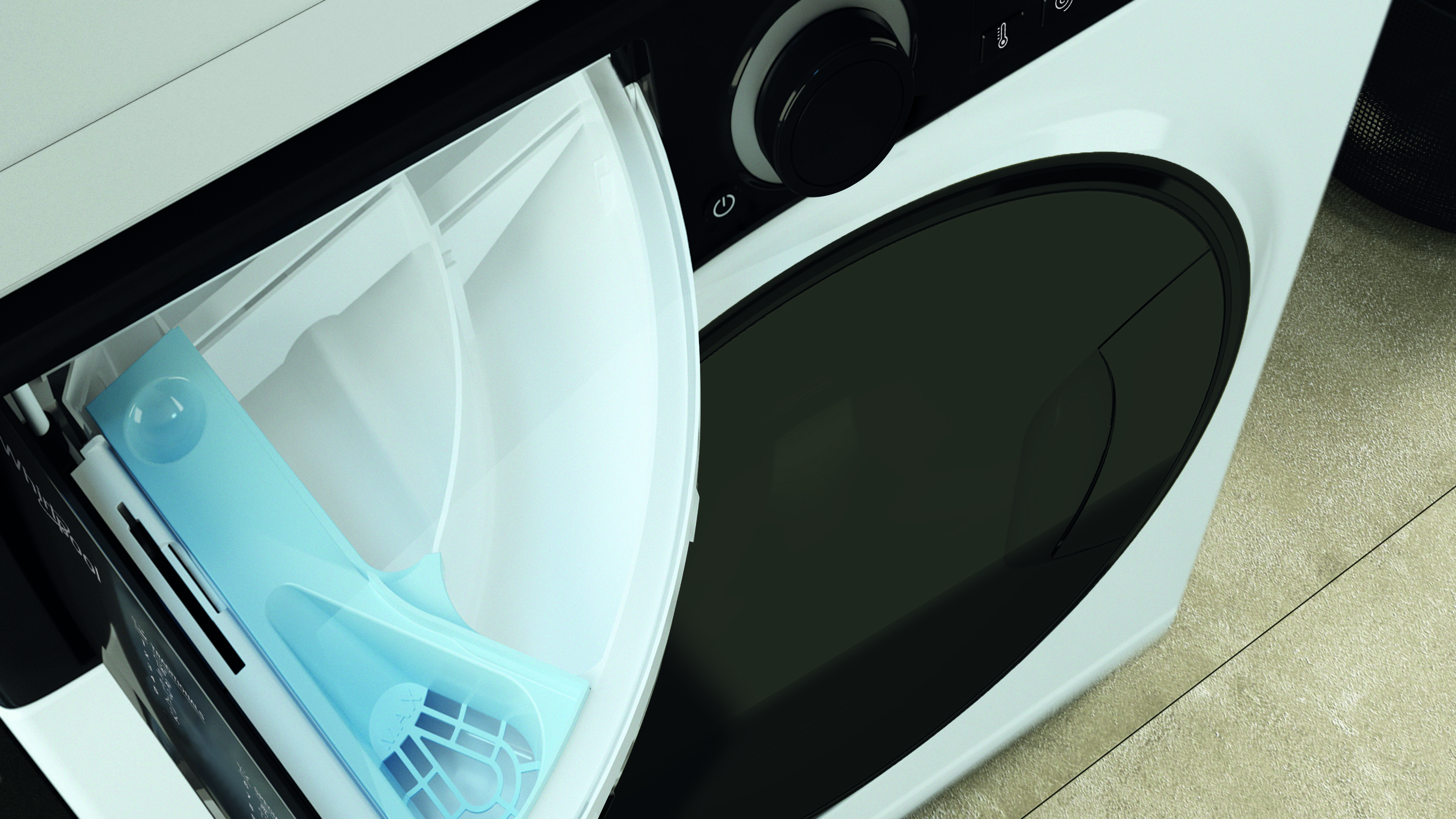 Biała pralka z otwartą szufladą na detergent.
