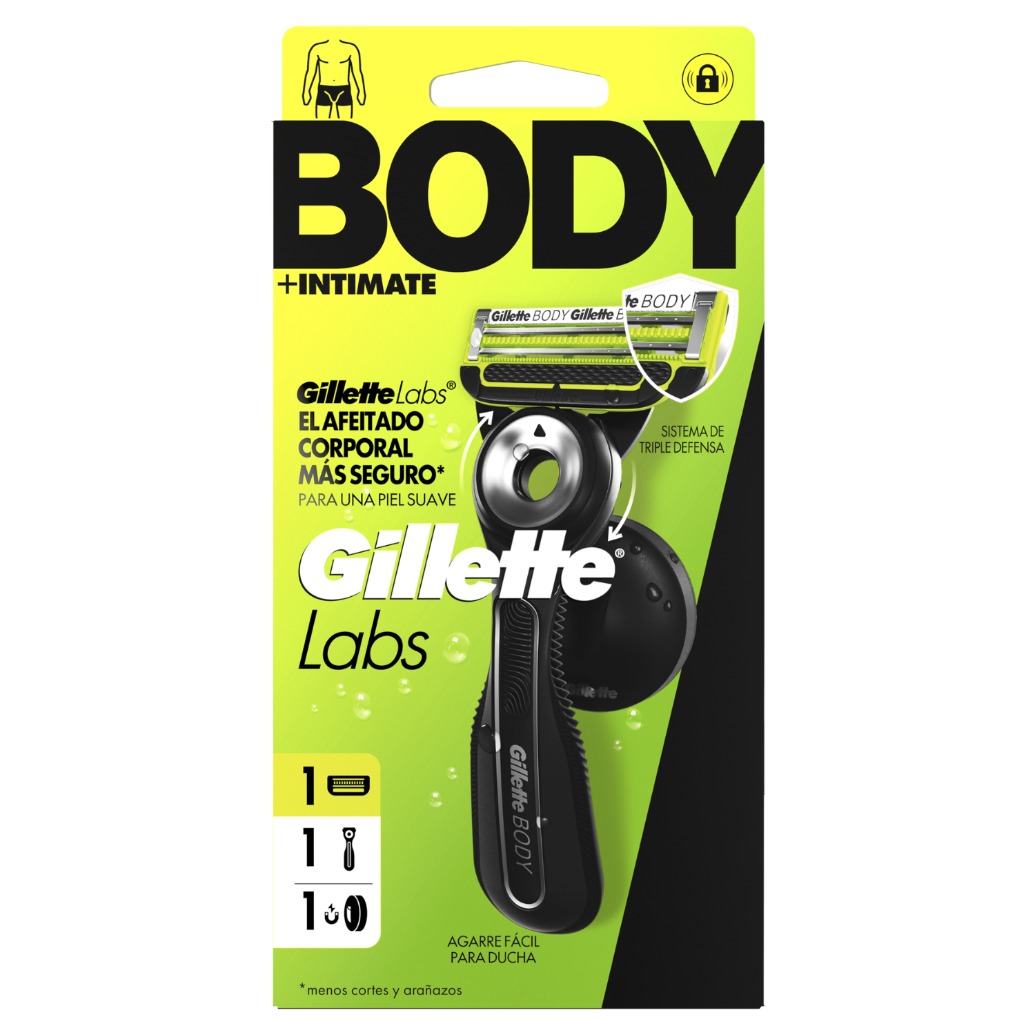 Empaque de la afeitadora Gillette BODY+INTIMATE con sistema de triple defensa.