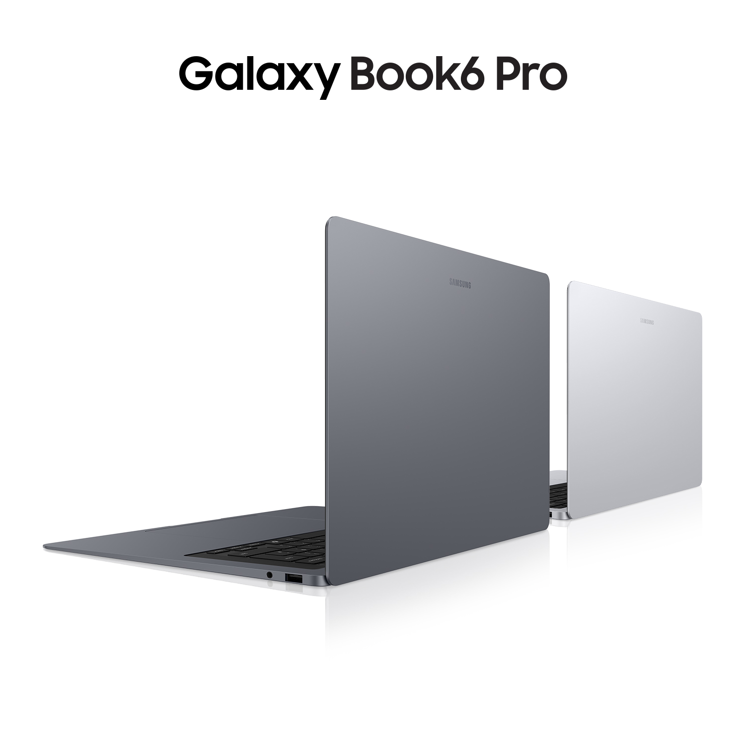 Dos portátiles Samsung Galaxy Book4 Pro, uno gris y otro plateado, sobre fondo blanco.