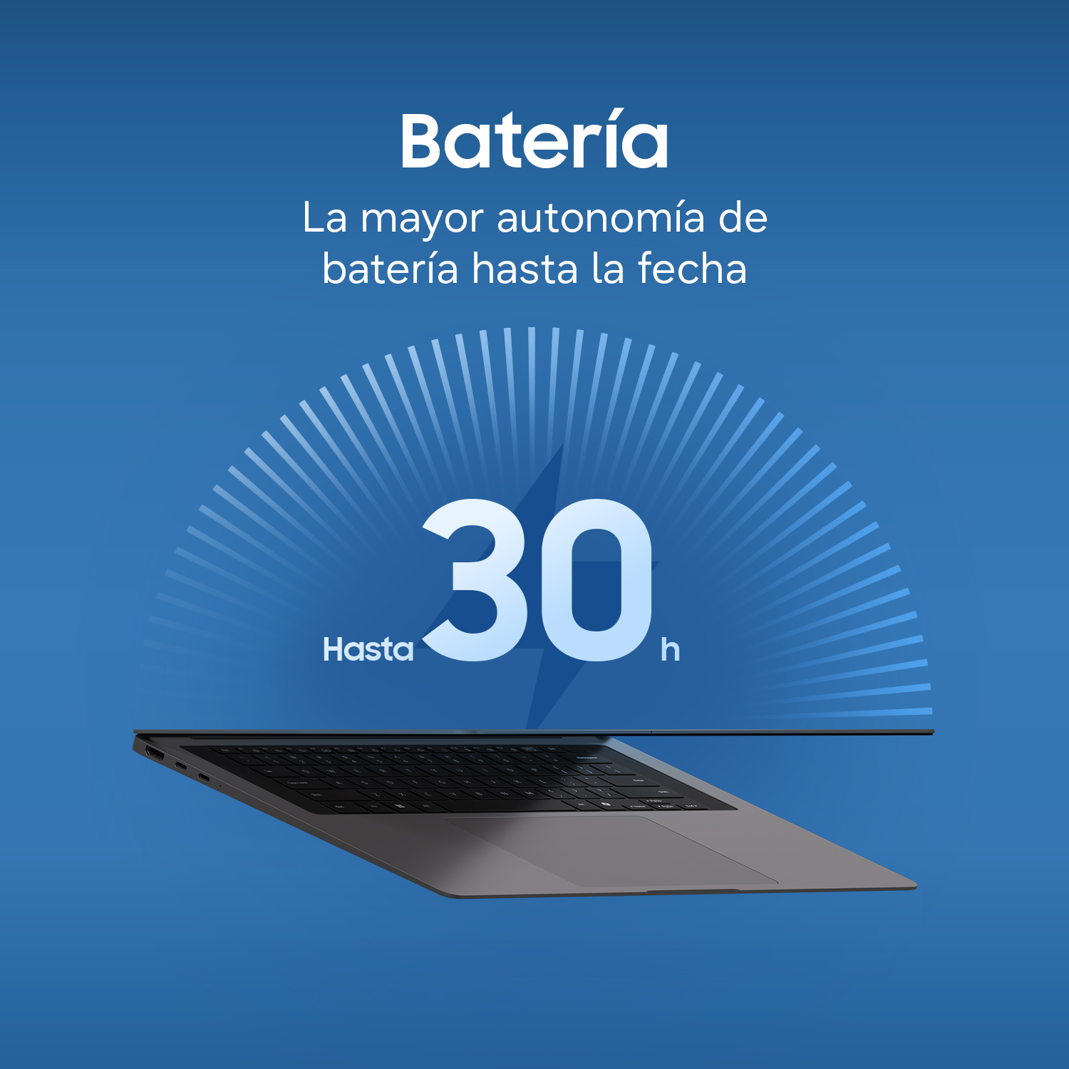 Un portátil que muestra "30h" y "Batería" sobre fondo azul.
