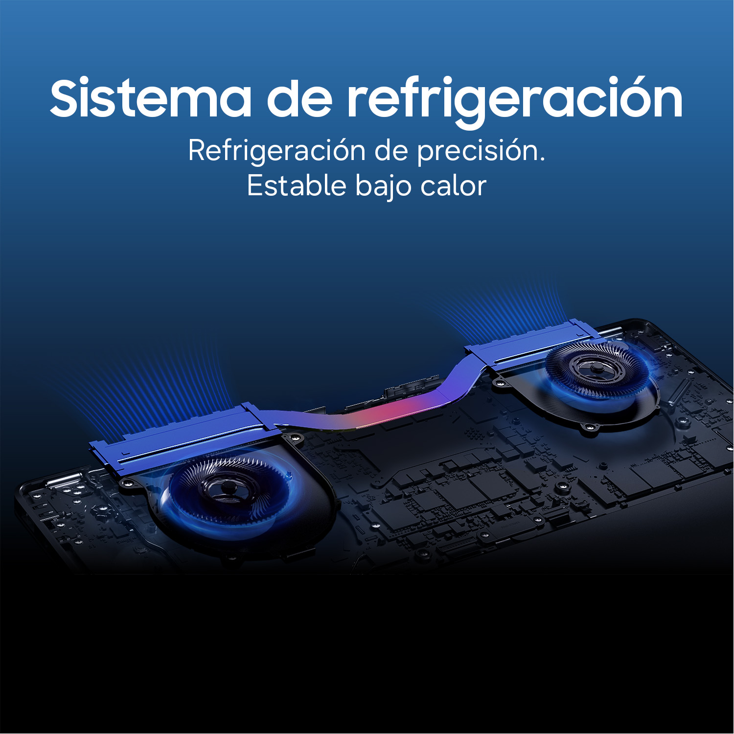 Sistema de refrigeración con dos ventiladores y rayos de luz azules sobre placa.