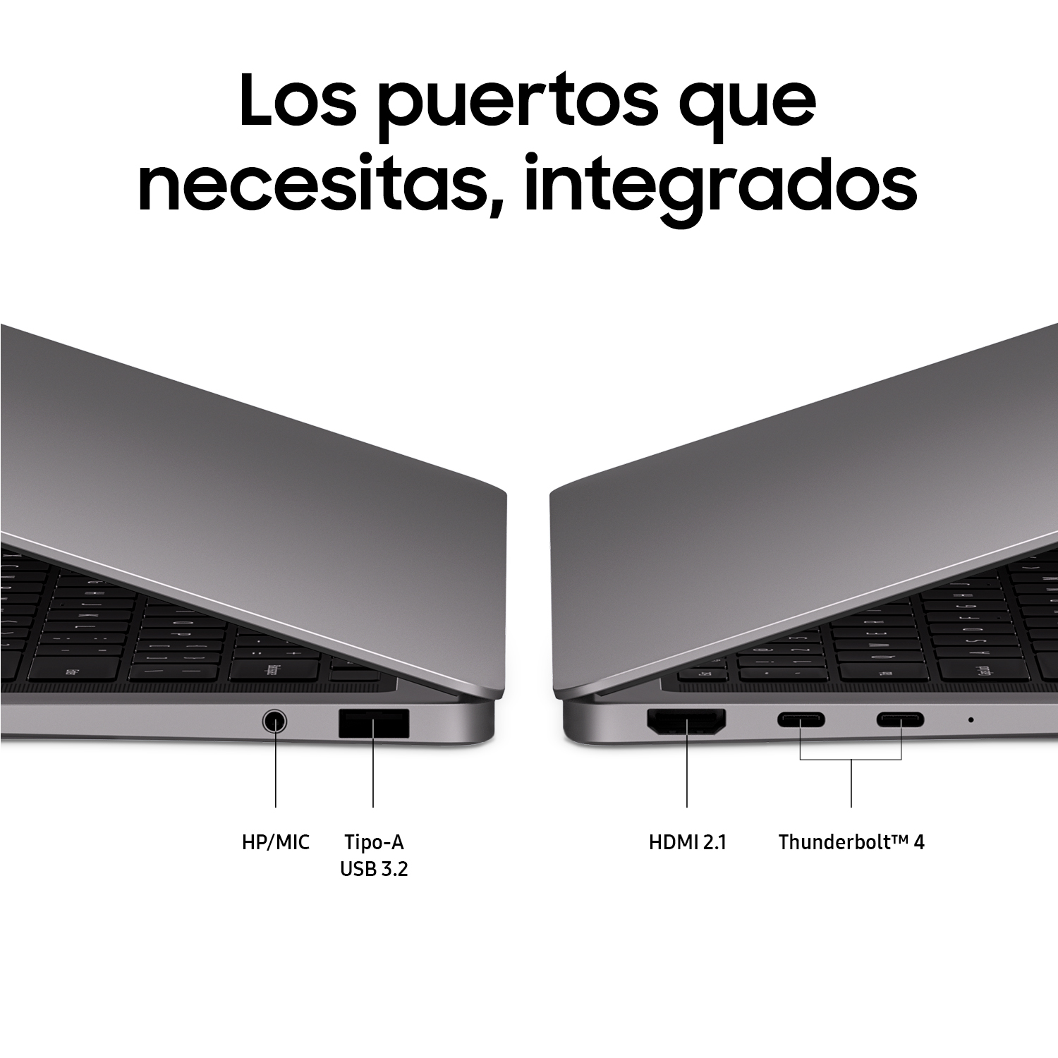 Primer plano de un portátil plateado que muestra puertos HP/MIC, USB 3.2, HDMI 2.1 y Thunderbolt 4.