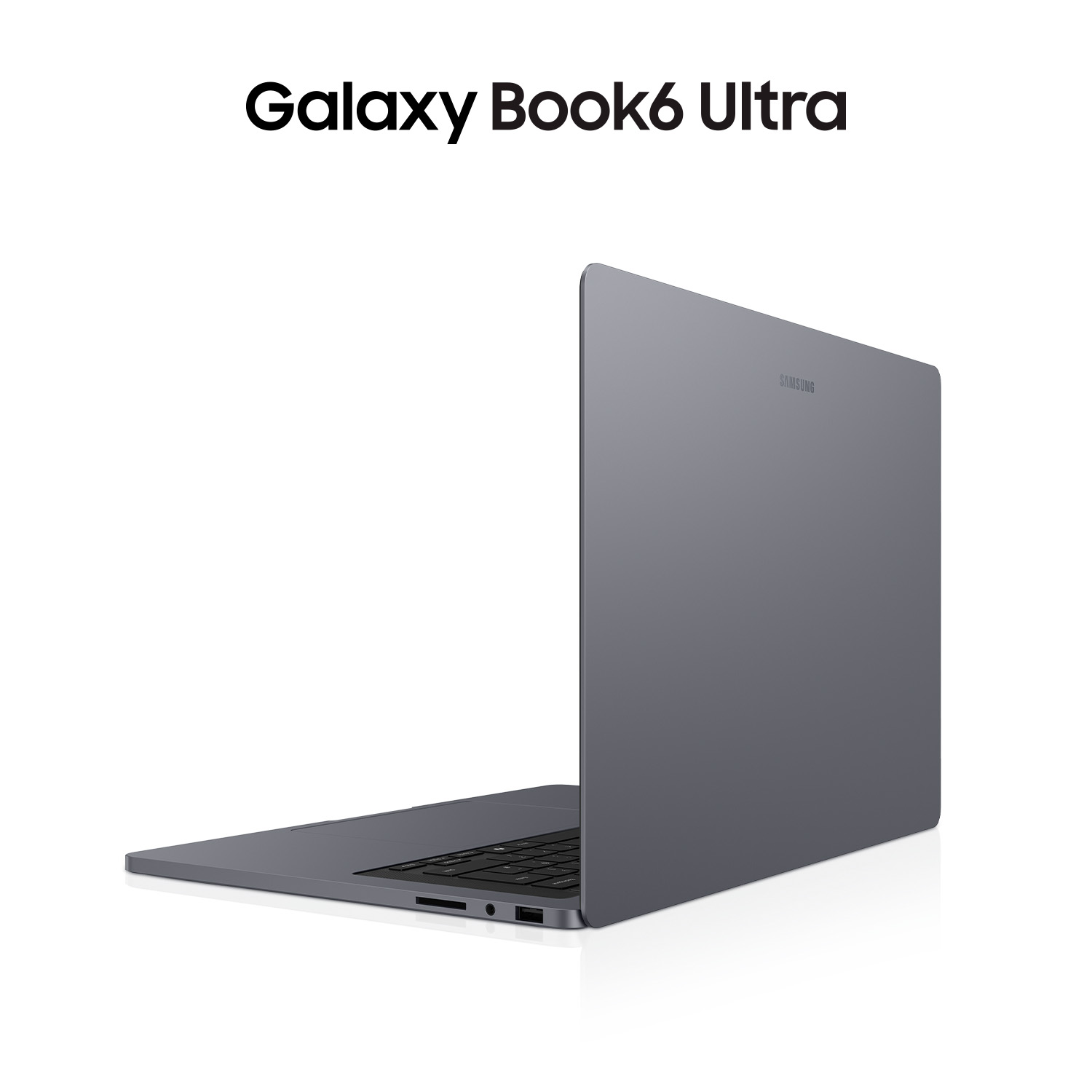 Un portátil Samsung Galaxy Book6 Ultra gris cerrado, visto de lado.