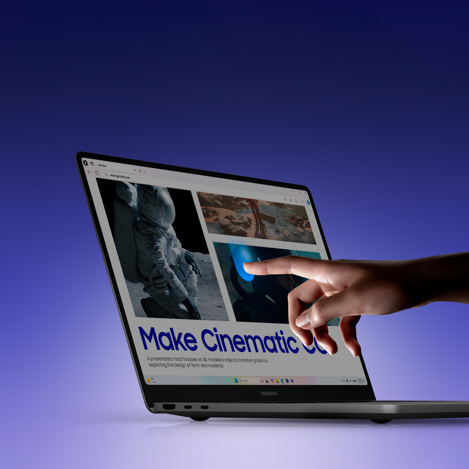 Una mano toca la pantalla de un portátil que muestra una web con un astronauta.