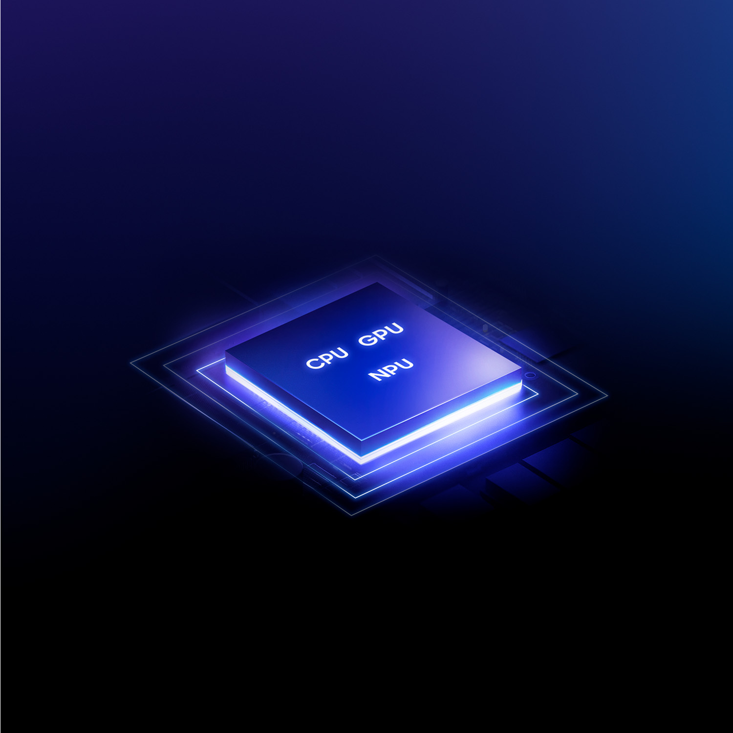 Un chip azul brillante de CPU, GPU y NPU descansa sobre un fondo oscuro.