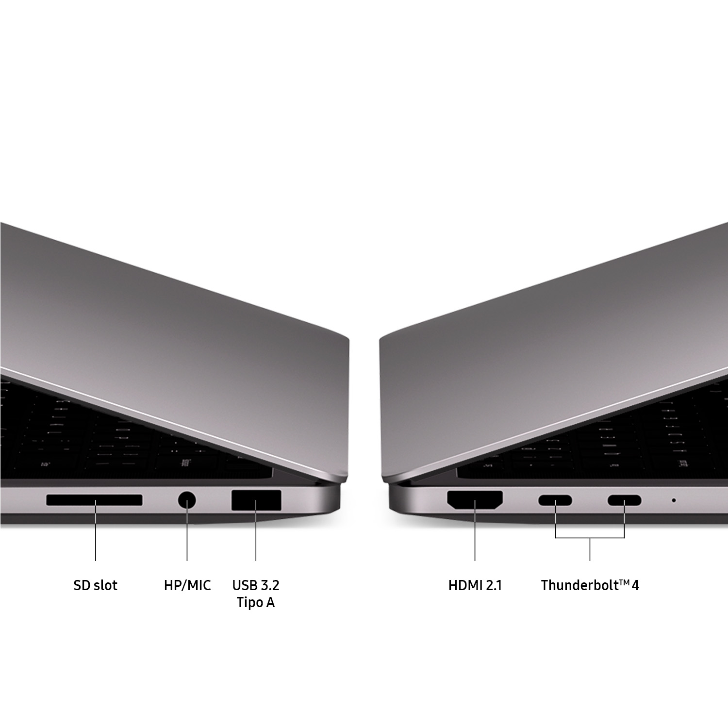 Vista lateral de un portátil mostrando puertos: ranura SD, HP/MIC, USB 3.2, HDMI 2.1, Thunderbolt 4.