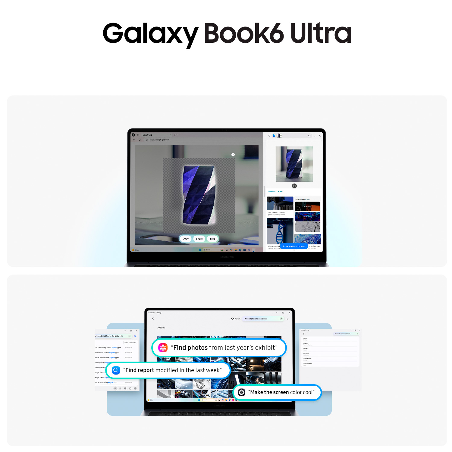 Galaxy Book6 Ultra mostrado con interfaces de diseño web y búsqueda de archivos.