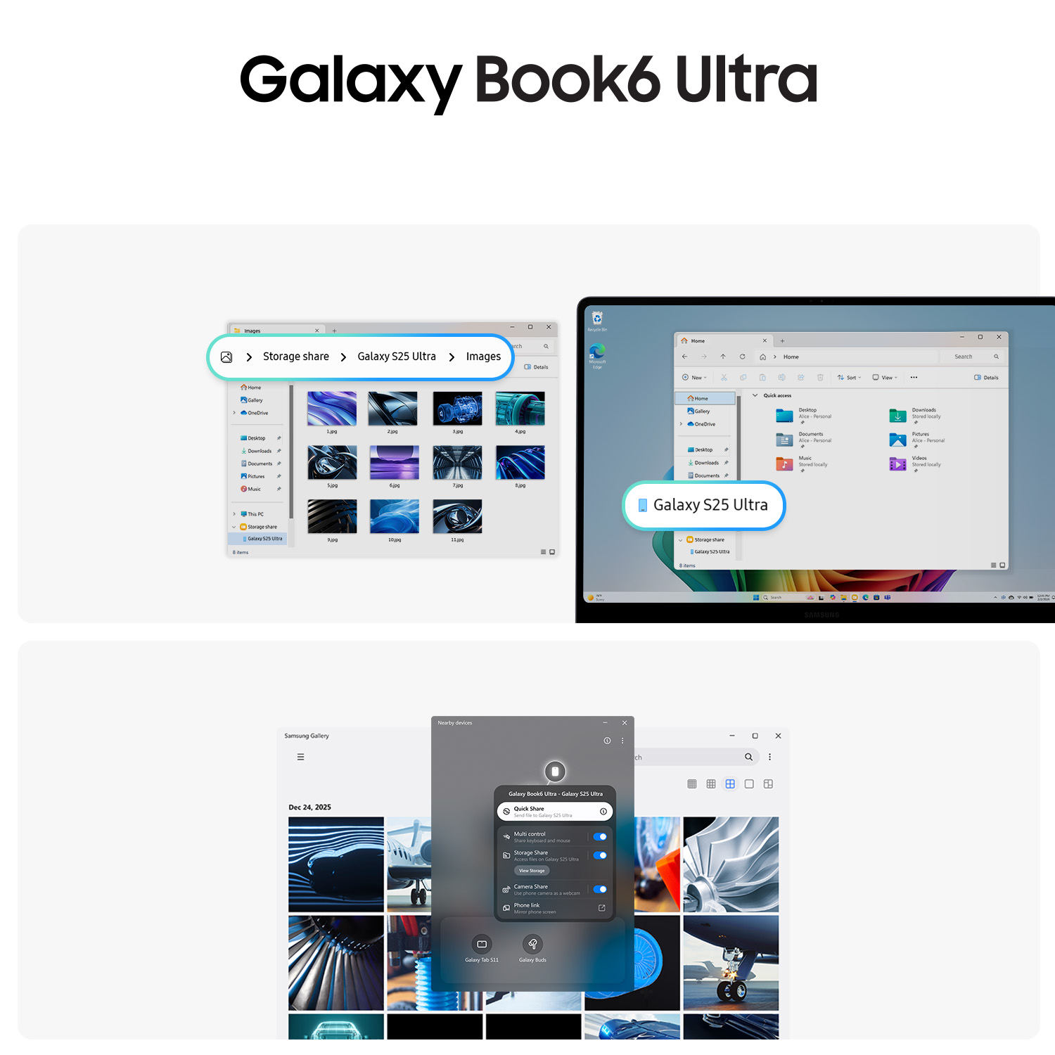Galaxy Book6 Ultra muestra ventanas del gestor de archivos y uso compartido de Galaxy S25 Ultra.