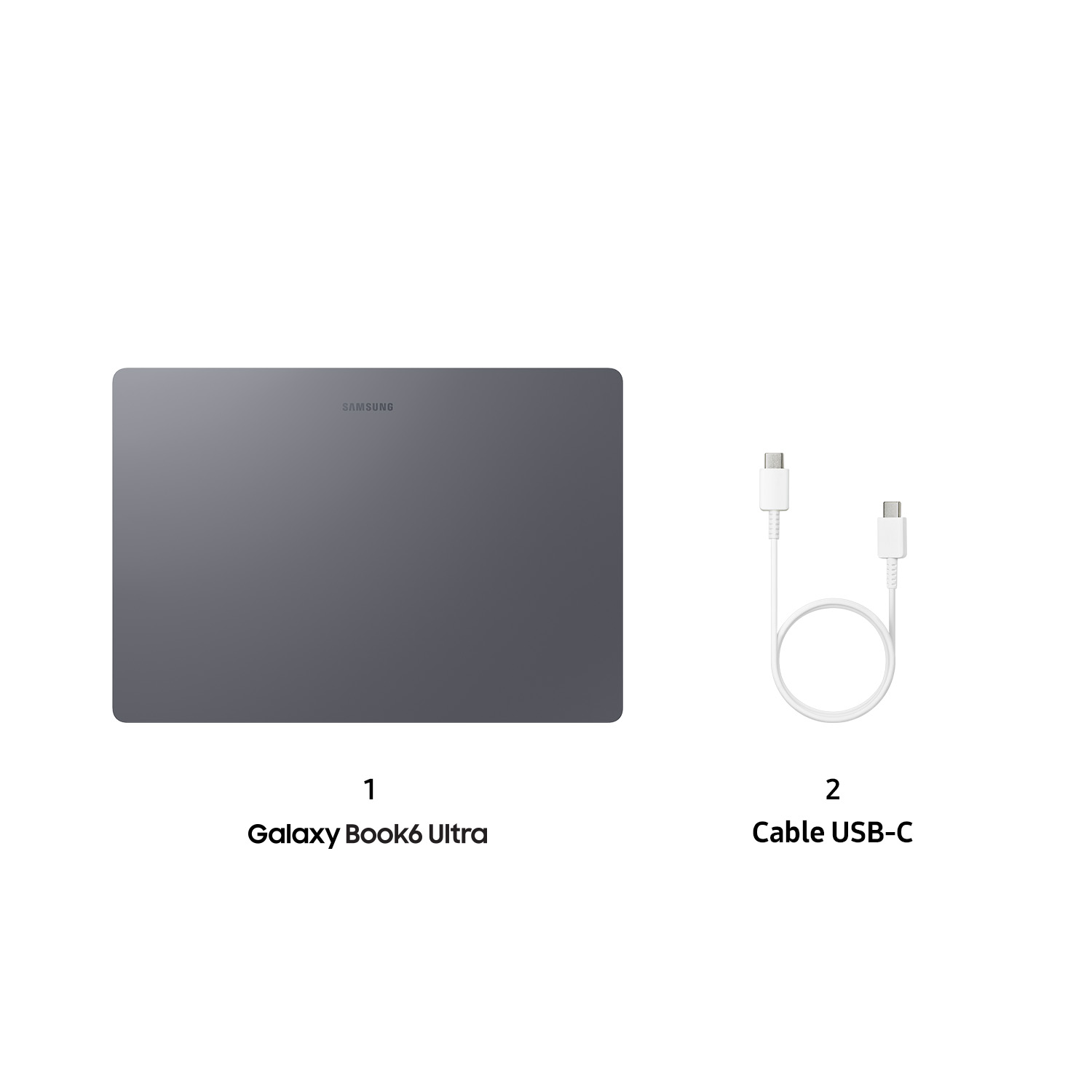 Samsung Galaxy Book3 Ultra gris y un cable USB-C blanco.