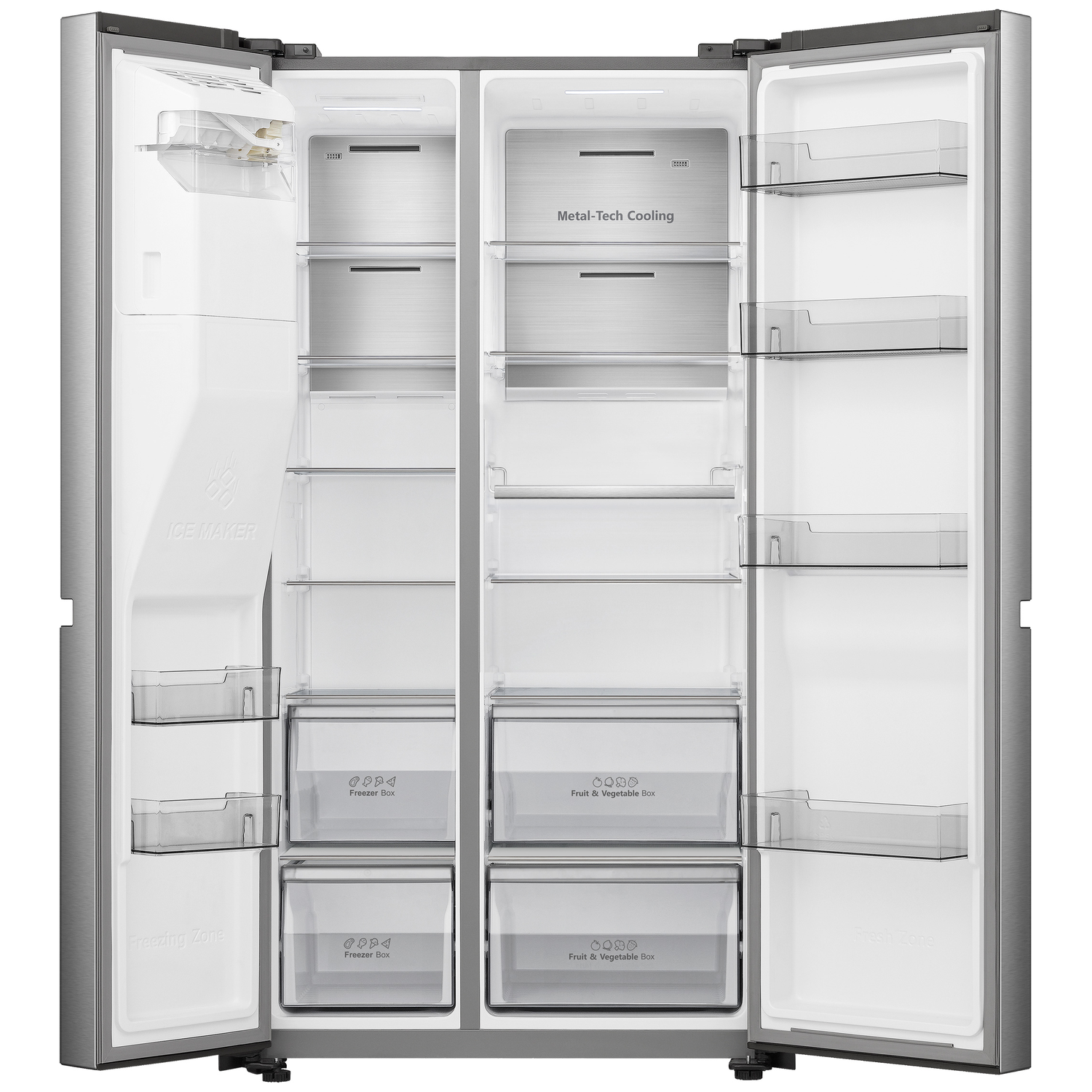 Een zilveren side-by-side koelkast met open deuren, ijsmaker en laden.