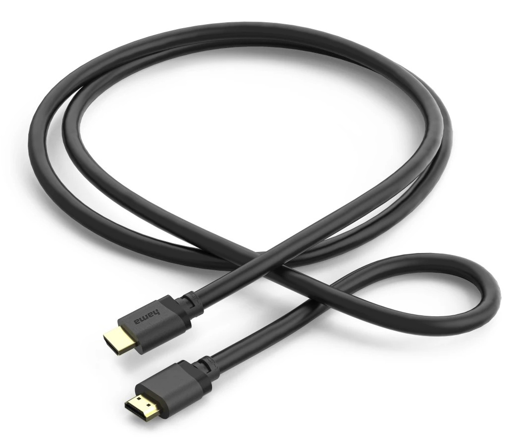 Czarny kabel HDMI z widocznymi złączami na białym tle.