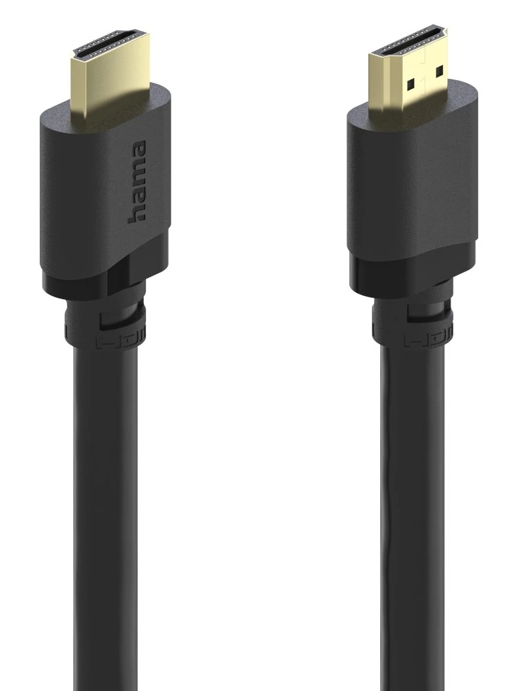 Dwa czarne kable HDMI ze złotymi złączami na białym tle.