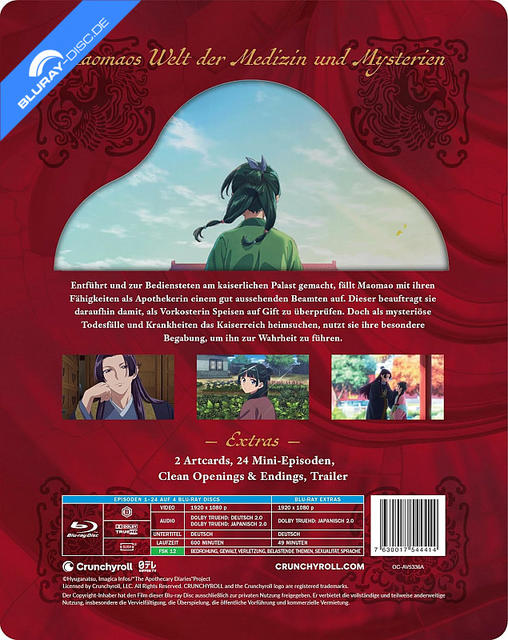 Rückseite einer Blu-ray-Hülle mit Anime-Motiv, Titel und Details.