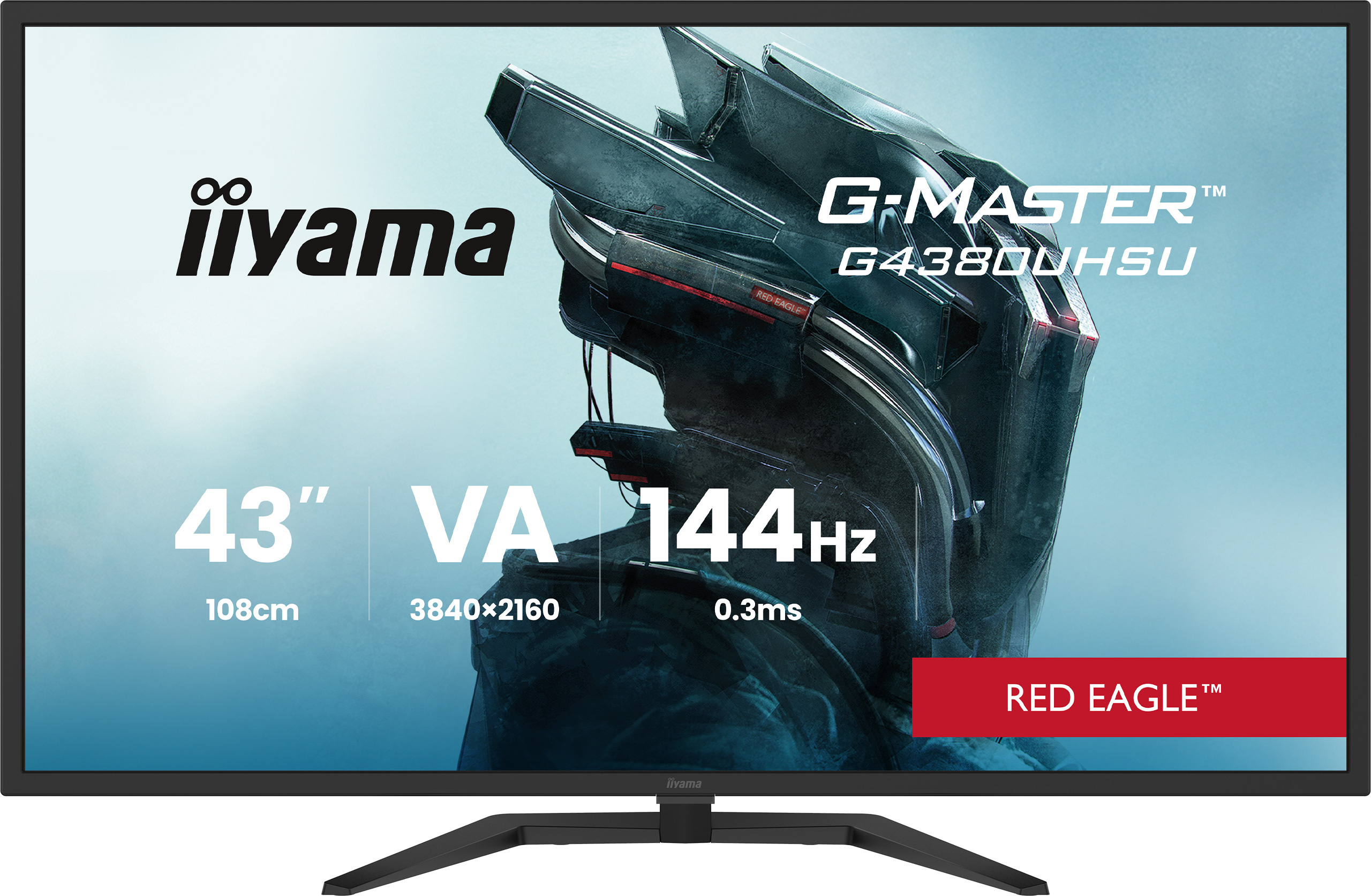 Monitor iiyama G-Master wyświetla tapetę z hełmem sci-fi ze specyfikacją 43 cali i 144Hz.