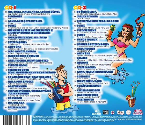Doppel-CD-Cover mit Titellisten und Comicfiguren. Links Mann mit Eimer, rechts Frau mit Cocktail.