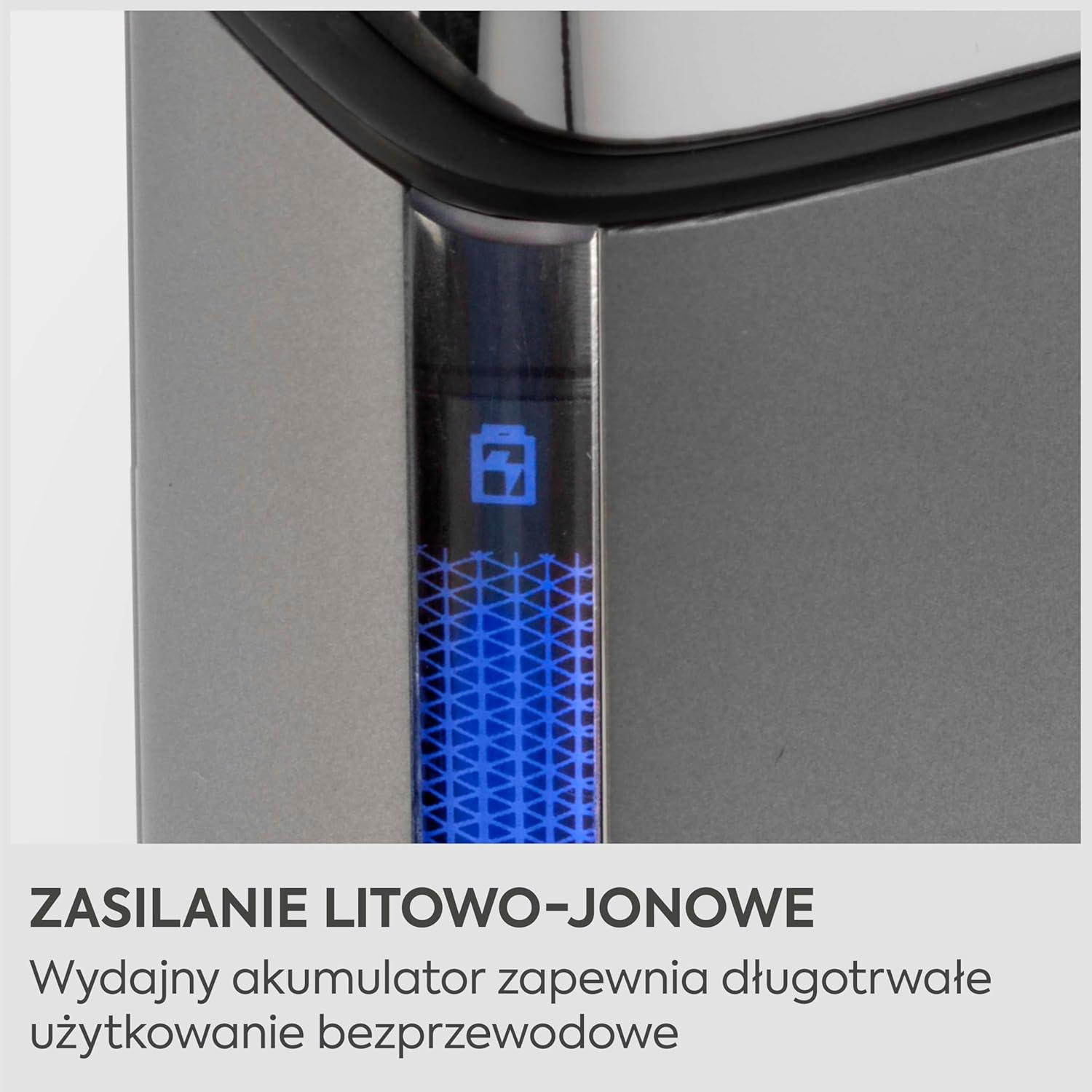 Niebieski wskaźnik baterii na szarym urządzeniu.