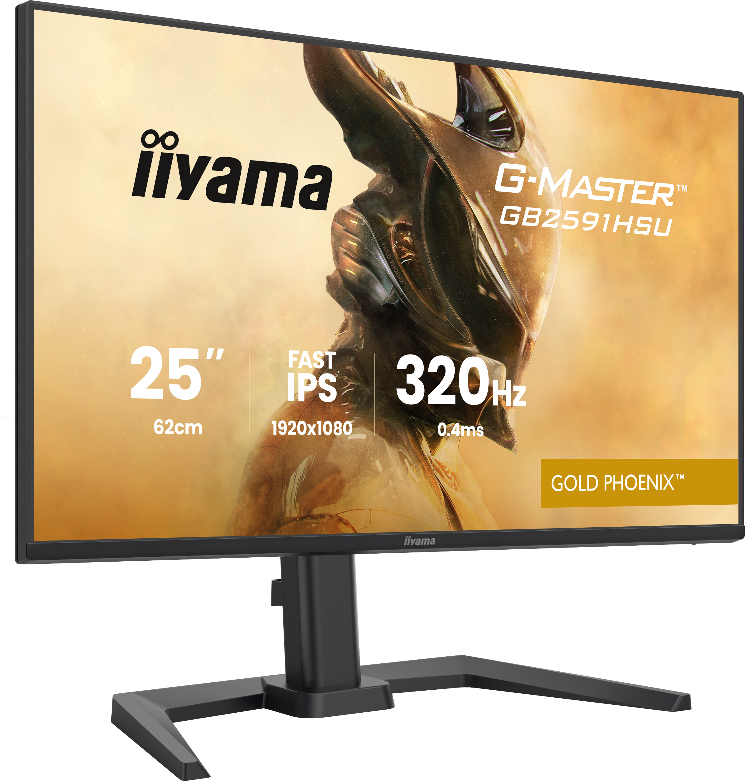 Monitor dla graczy Iiyama G-Master 25 cali, 320 Hz, z motywem złotego feniksa.