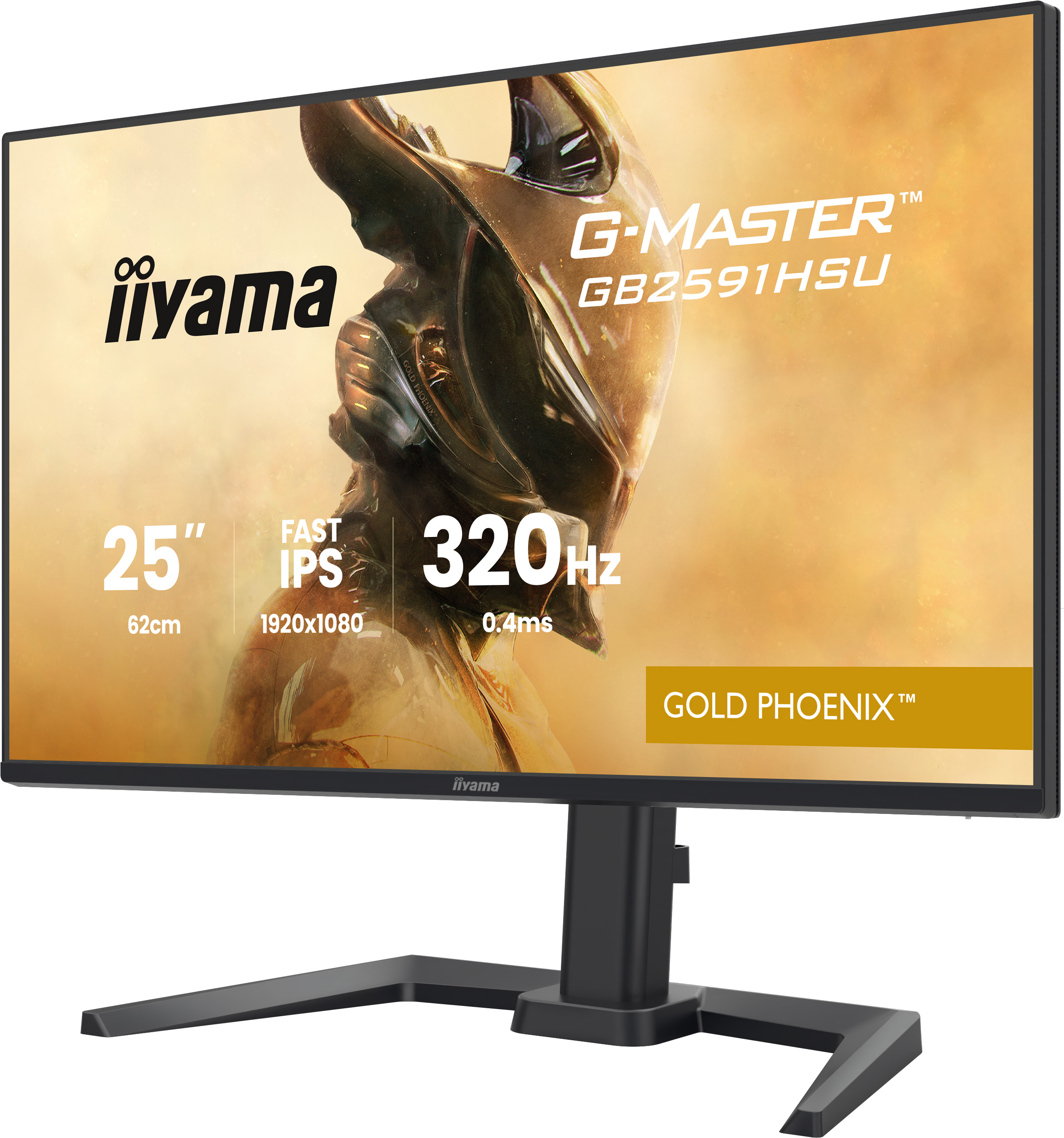 Monitor gamingowy Iiyama G-Master GB2591HSU 25 cali, 320 Hz, z grafiką złotego feniksa na ekranie.