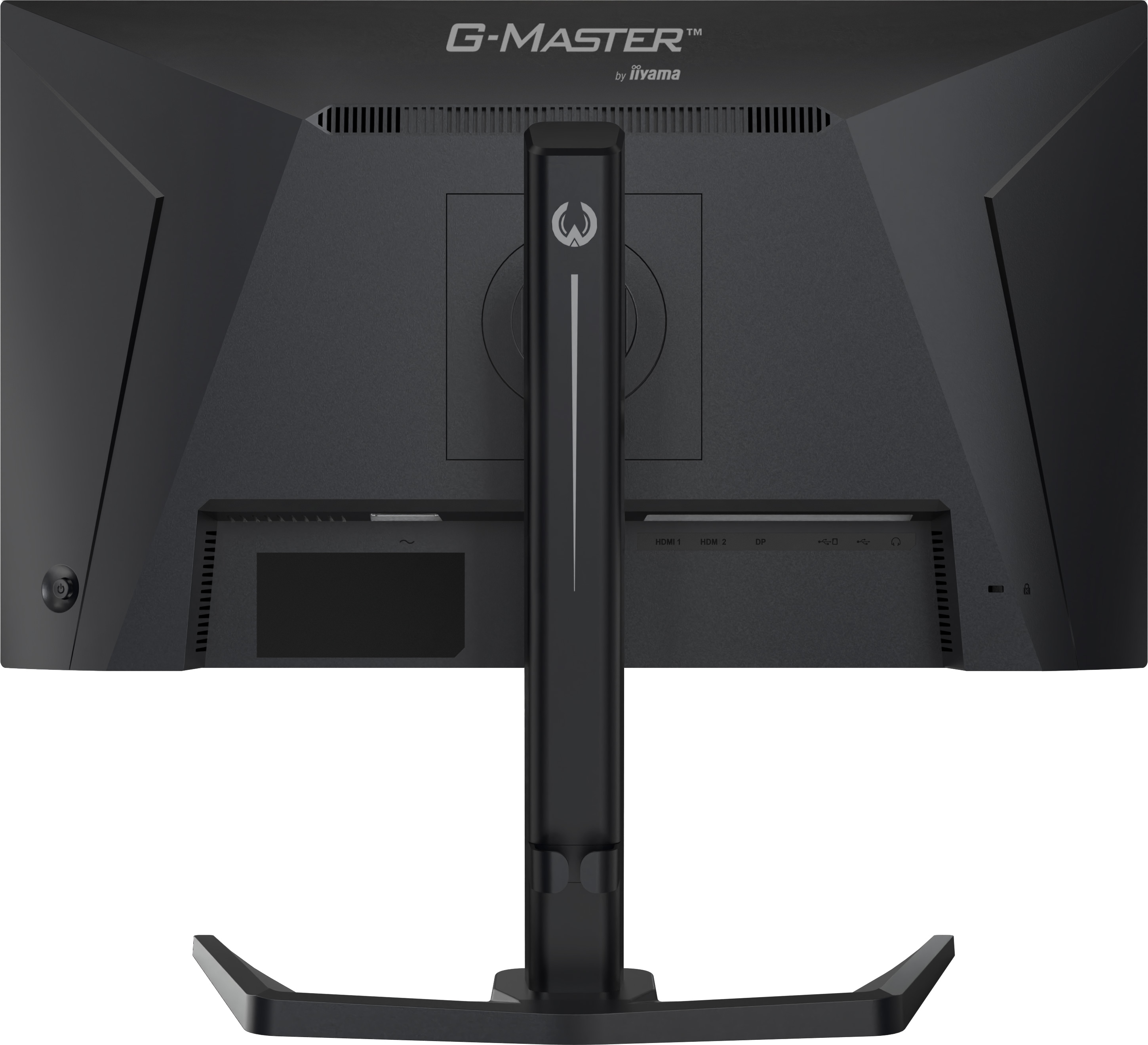 Widok z tyłu czarnego monitora iiyama G-Master ze stojakiem i portami.