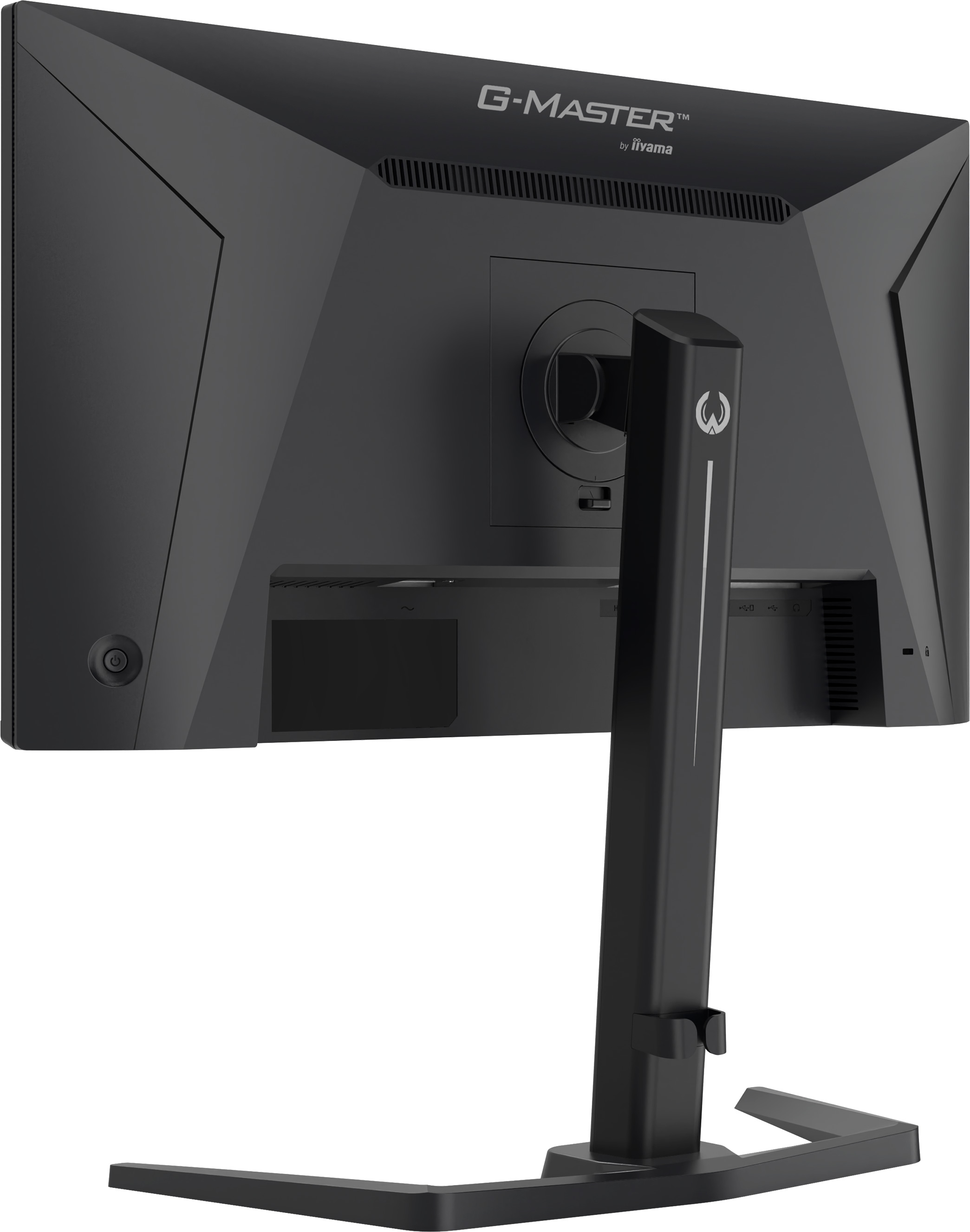 Widok z tyłu czarnego monitora iiyama G-Master ze stojakiem na jasnym tle.