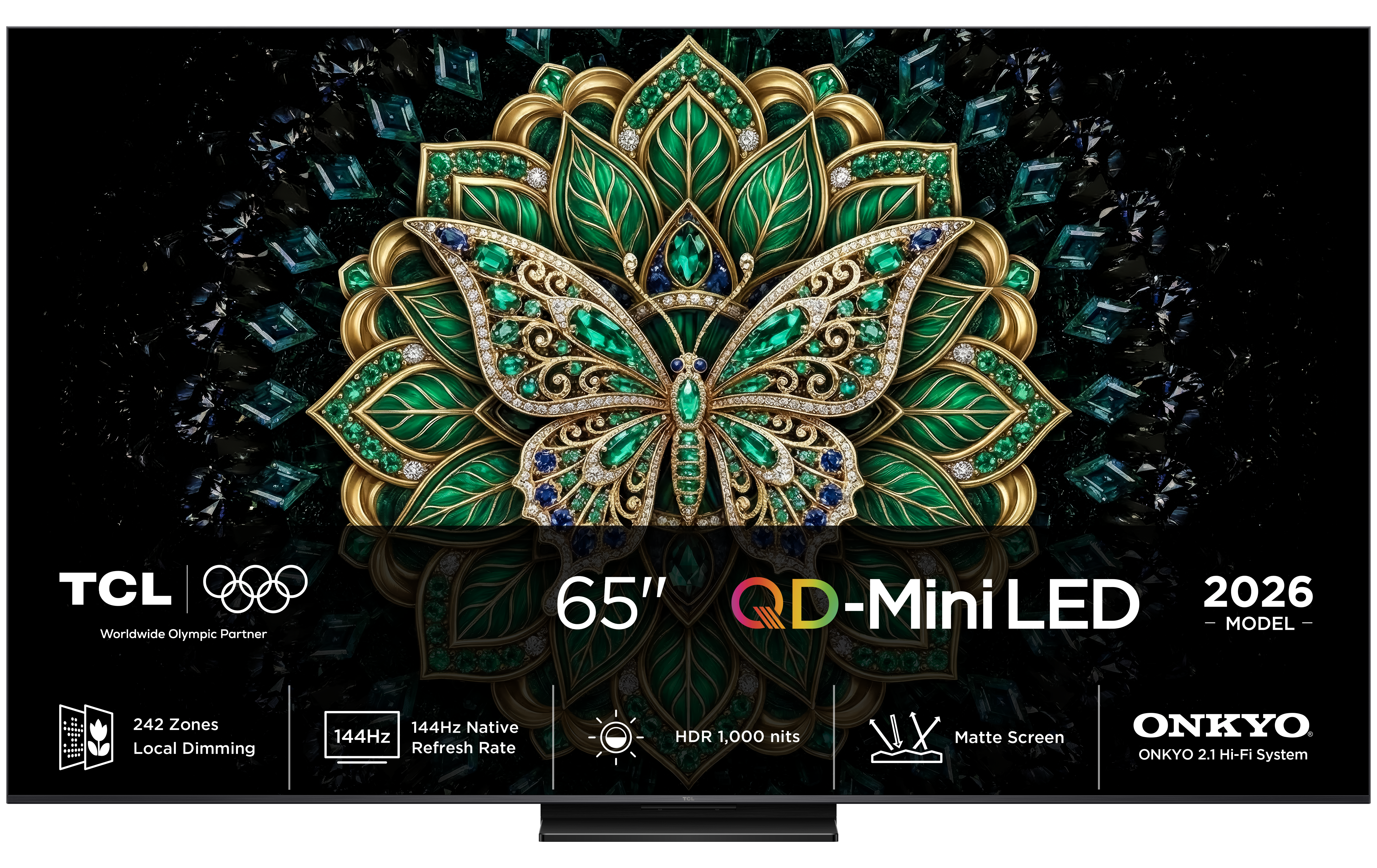 Ein 65-Zoll TCL QD-Mini-LED-Fernseher zeigt einen juwelenbesetzten Schmetterling vor schwarzem Hintergrund.