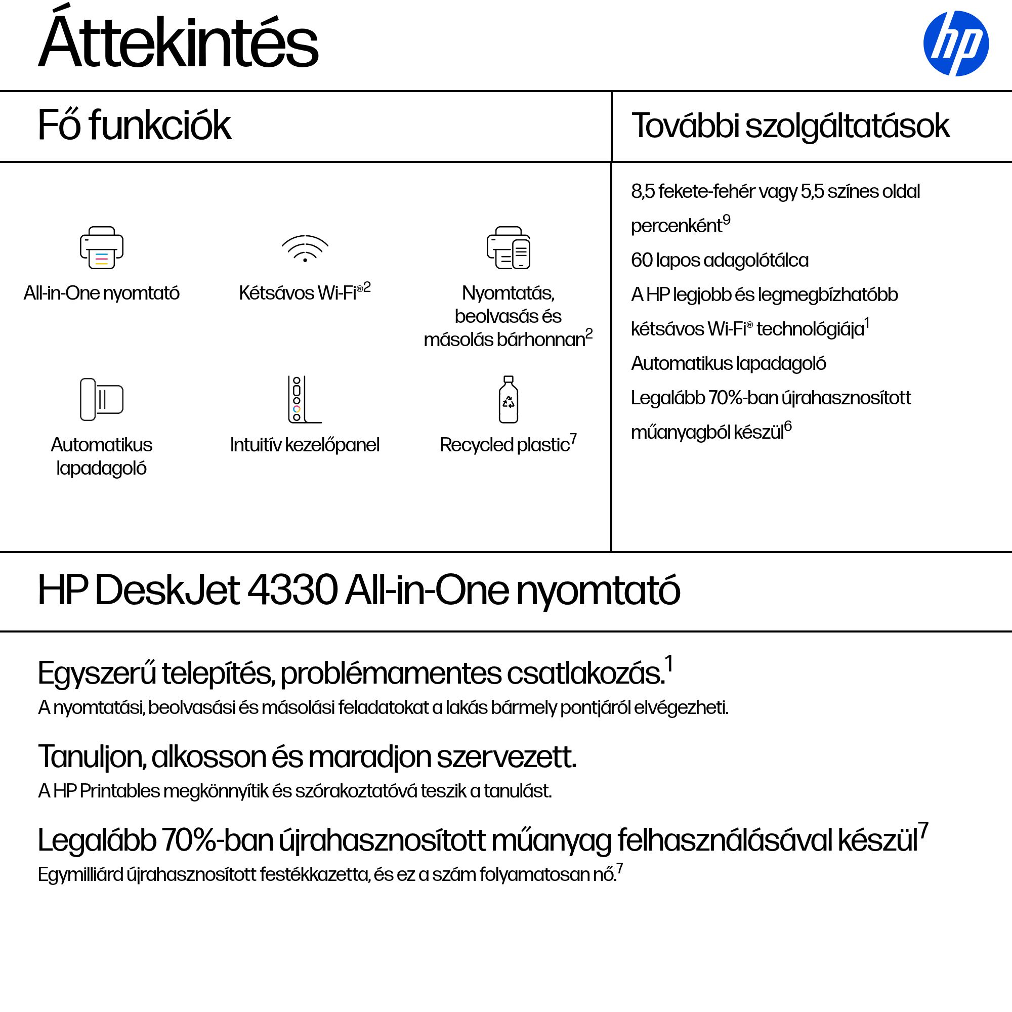 Az HP DeskJet 4330 All-in-One nyomtató funkcióinak áttekintése.