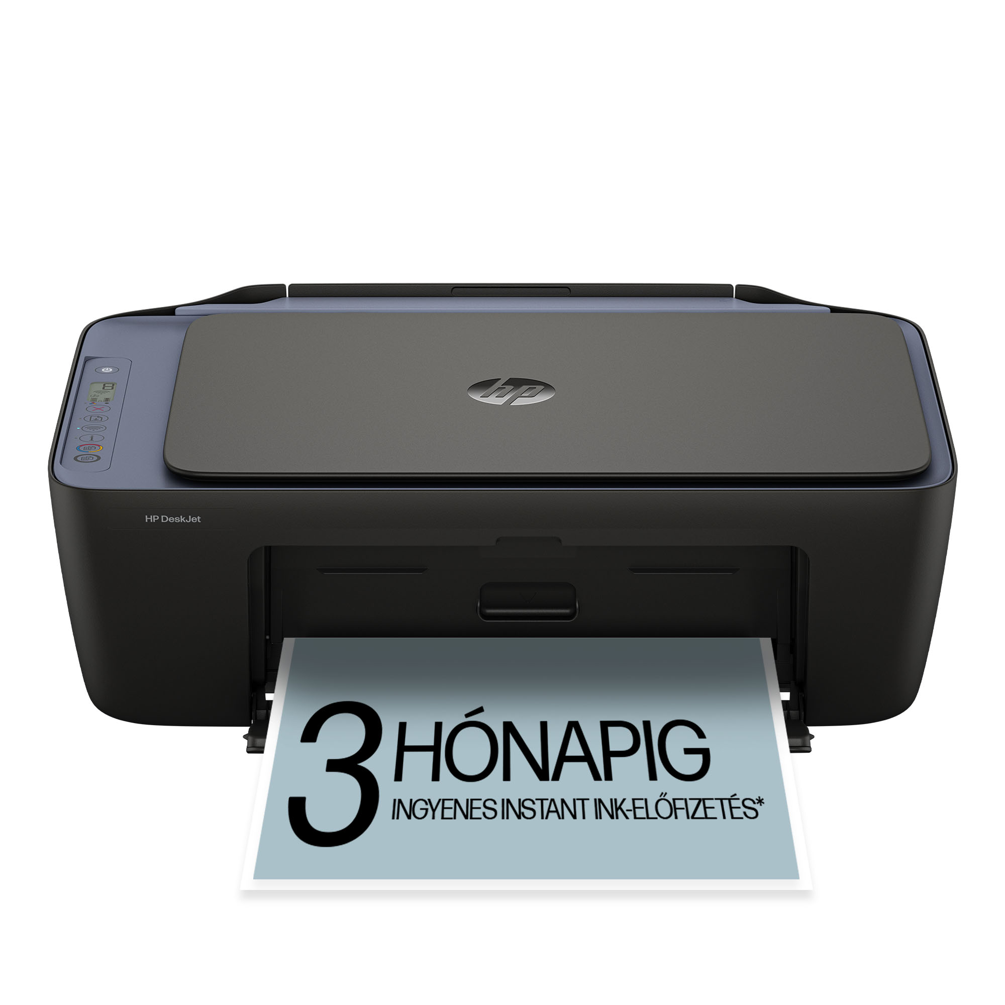 Egy fekete HP DeskJet nyomtató kéken nyomtat szöveges lapot.