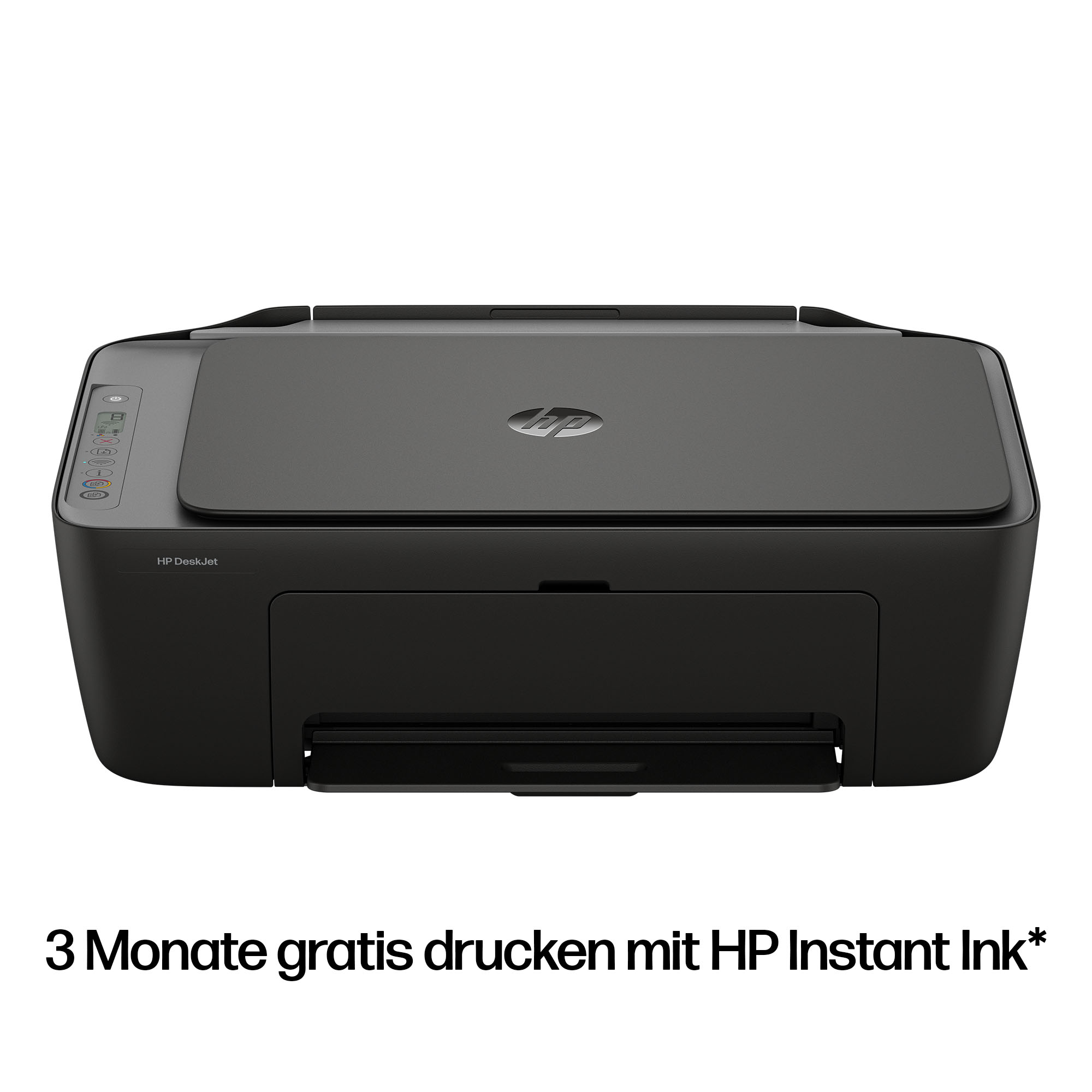 Ein schwarzer HP DeskJet Drucker steht vor weißem Hintergrund. Text unten.