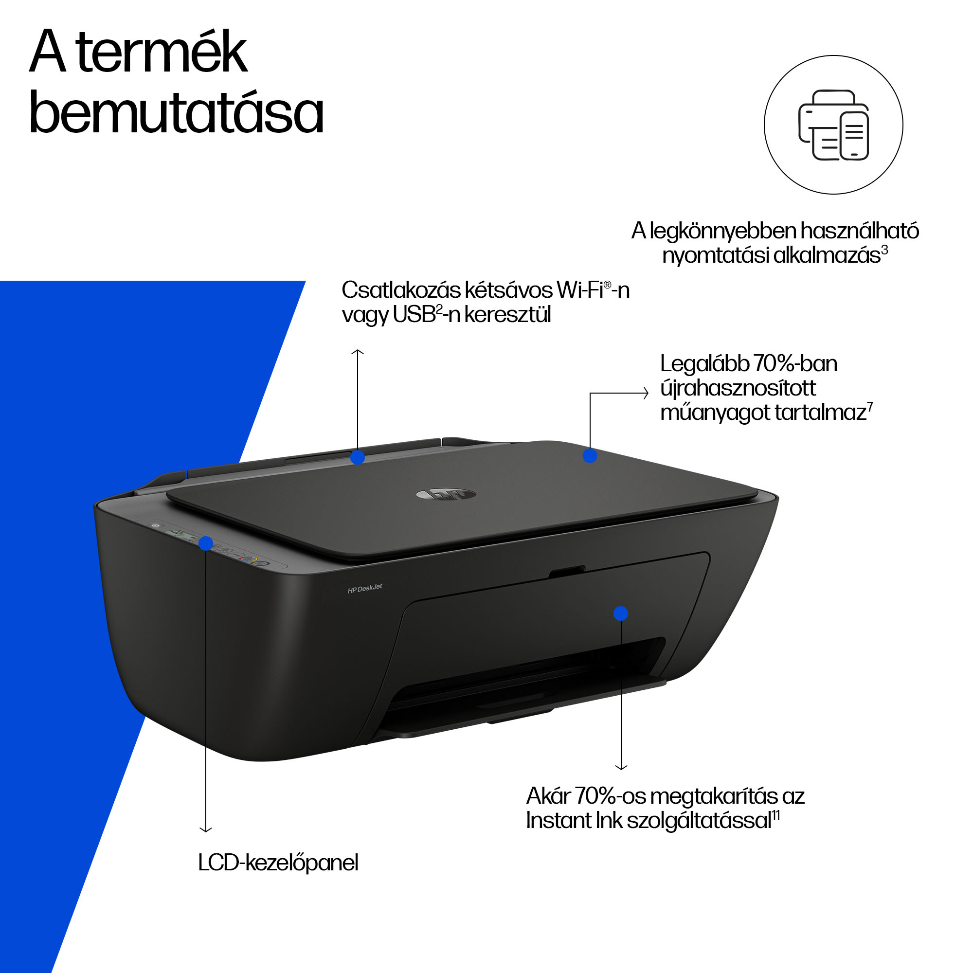 Egy fekete HP DeskJet nyomtató Wi-Fi, USB és LCD kezelőpanel funkciókat kiemelő jelölésekkel.